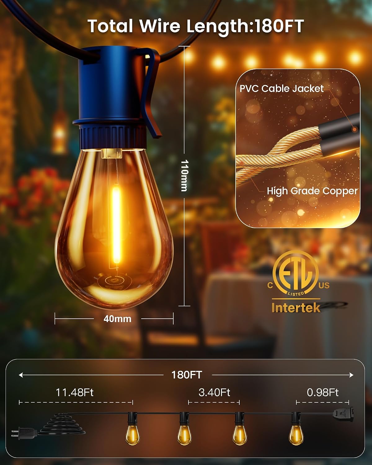 Thumbnail 4 de Torkase GLS-20J2P-E17-S14- 180 ft Outdoor LED String Lights, 2200K, IP65
