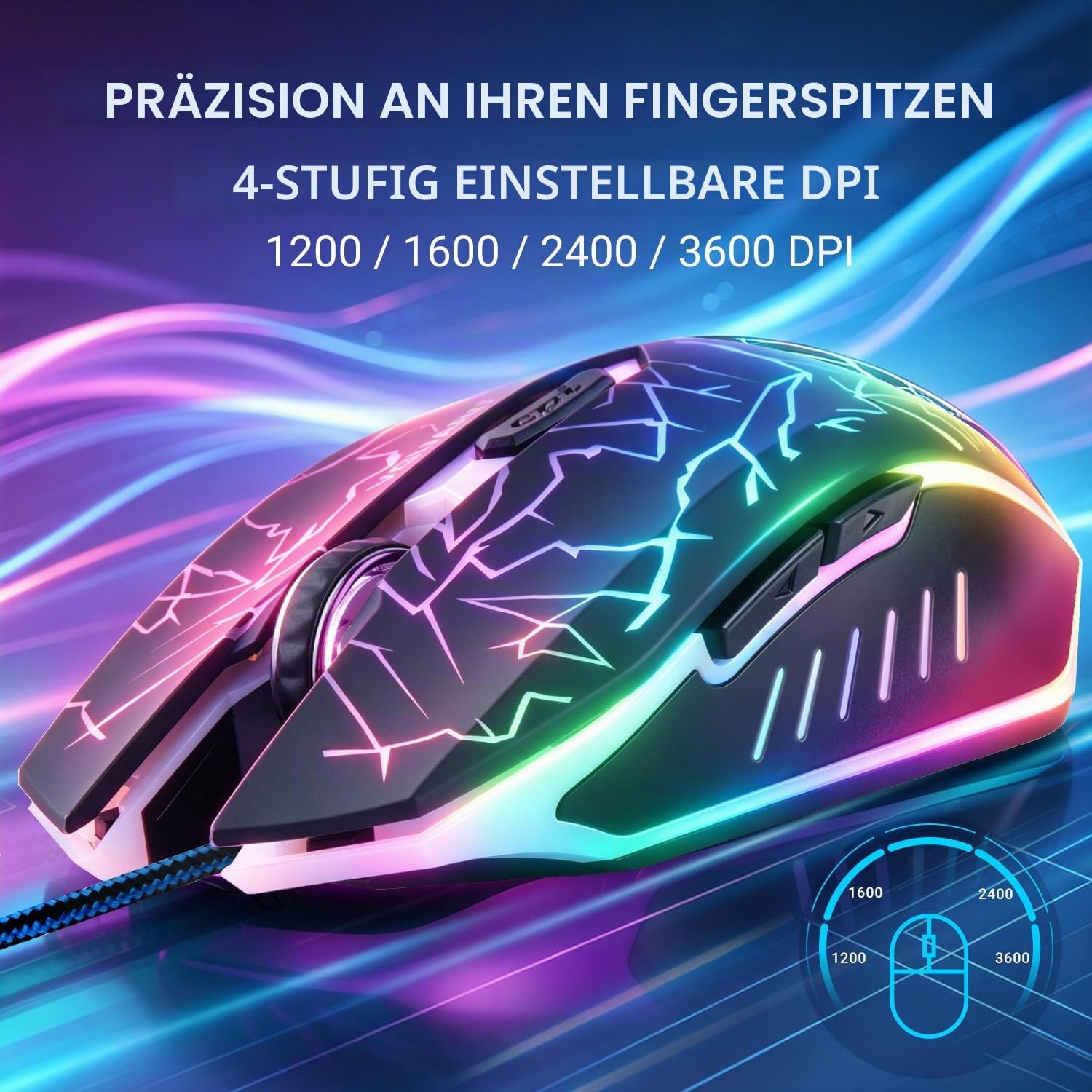 Detalle de VGUARD Gaming Maus (kabelgebunden) mit 6 Tasten und 4 DPI-Stufen, optisch – schwarz