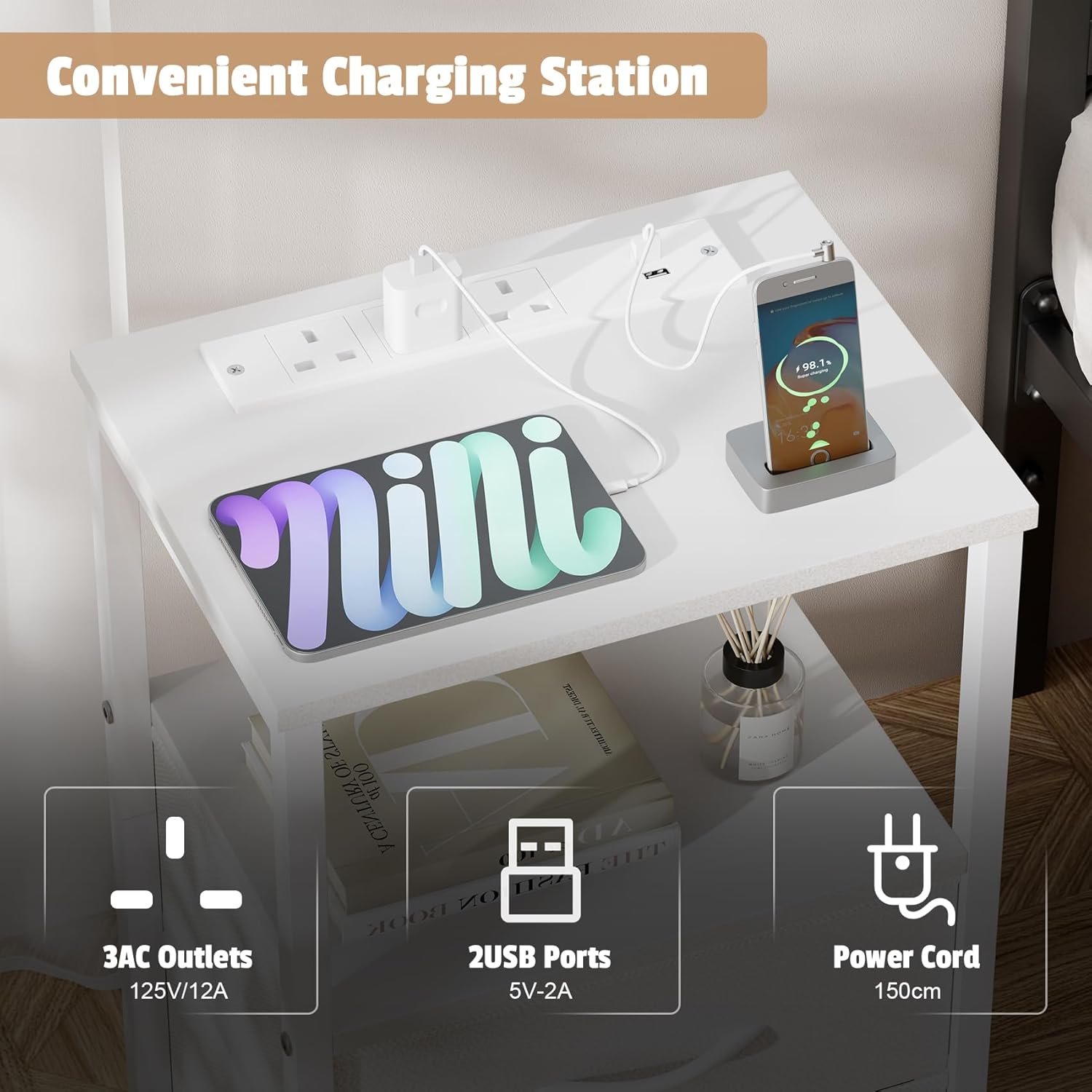 Detalle de Yornoli Bedside Table with Charging Station – 40cm Wide, White with LED Lights and Fabric Drawers