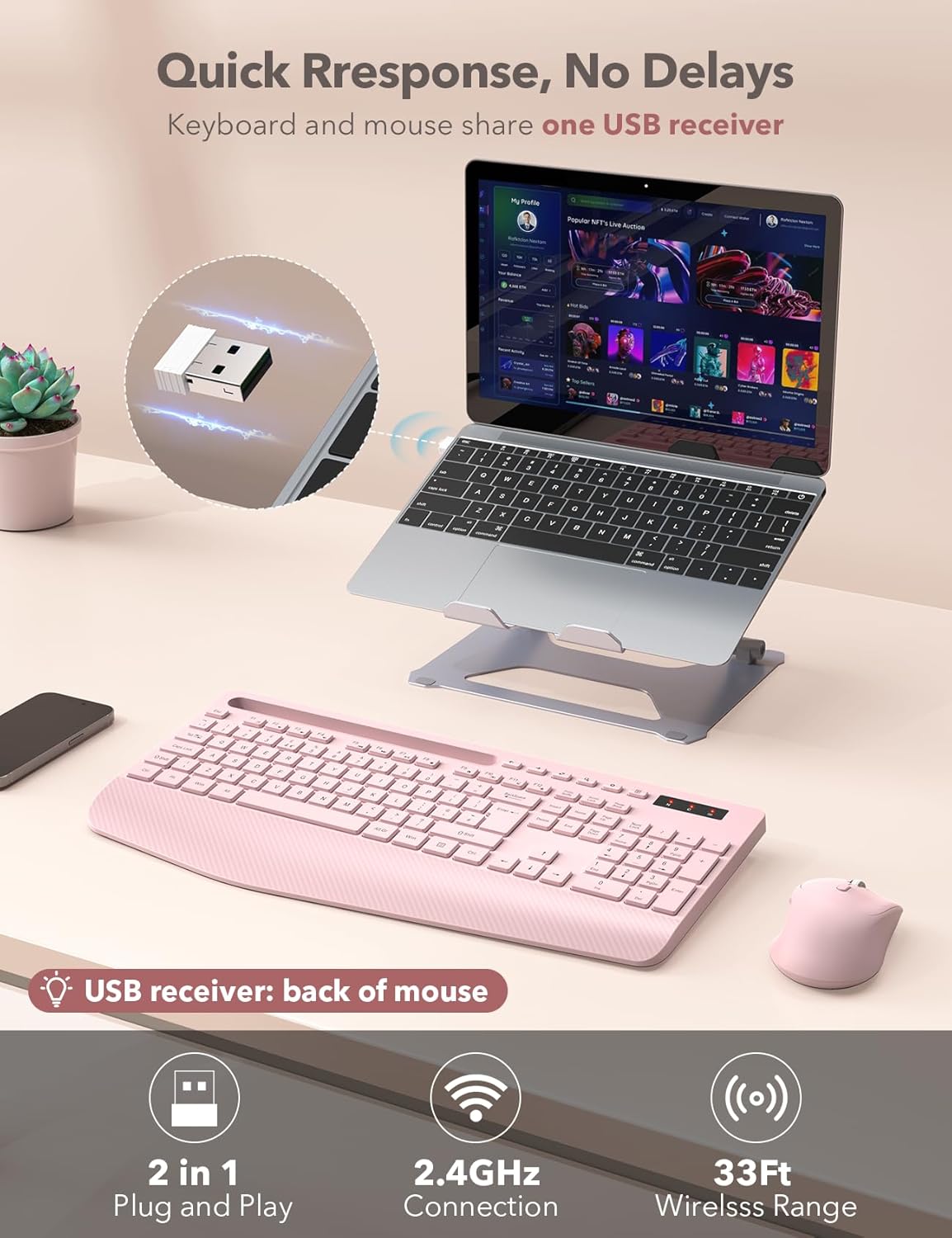 Thumbnail 3 de Wireless Keyboard and Mouse Combo (Pink) — Full-Size, Ergonomic with Wrist Rest