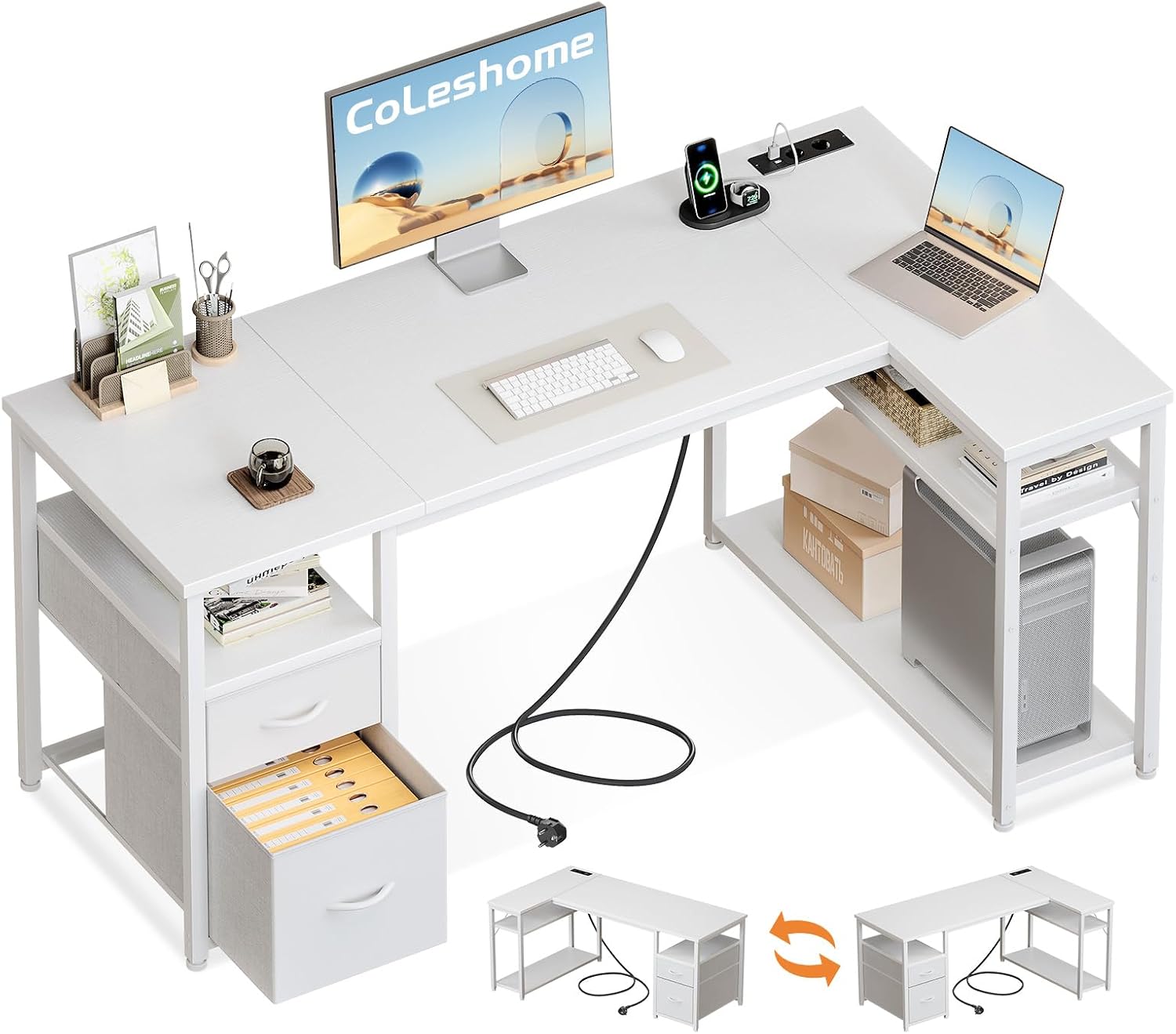 Detalle de Coleshome Scrivania Angolare con Cassetti 140 x 80 cm – Bianco