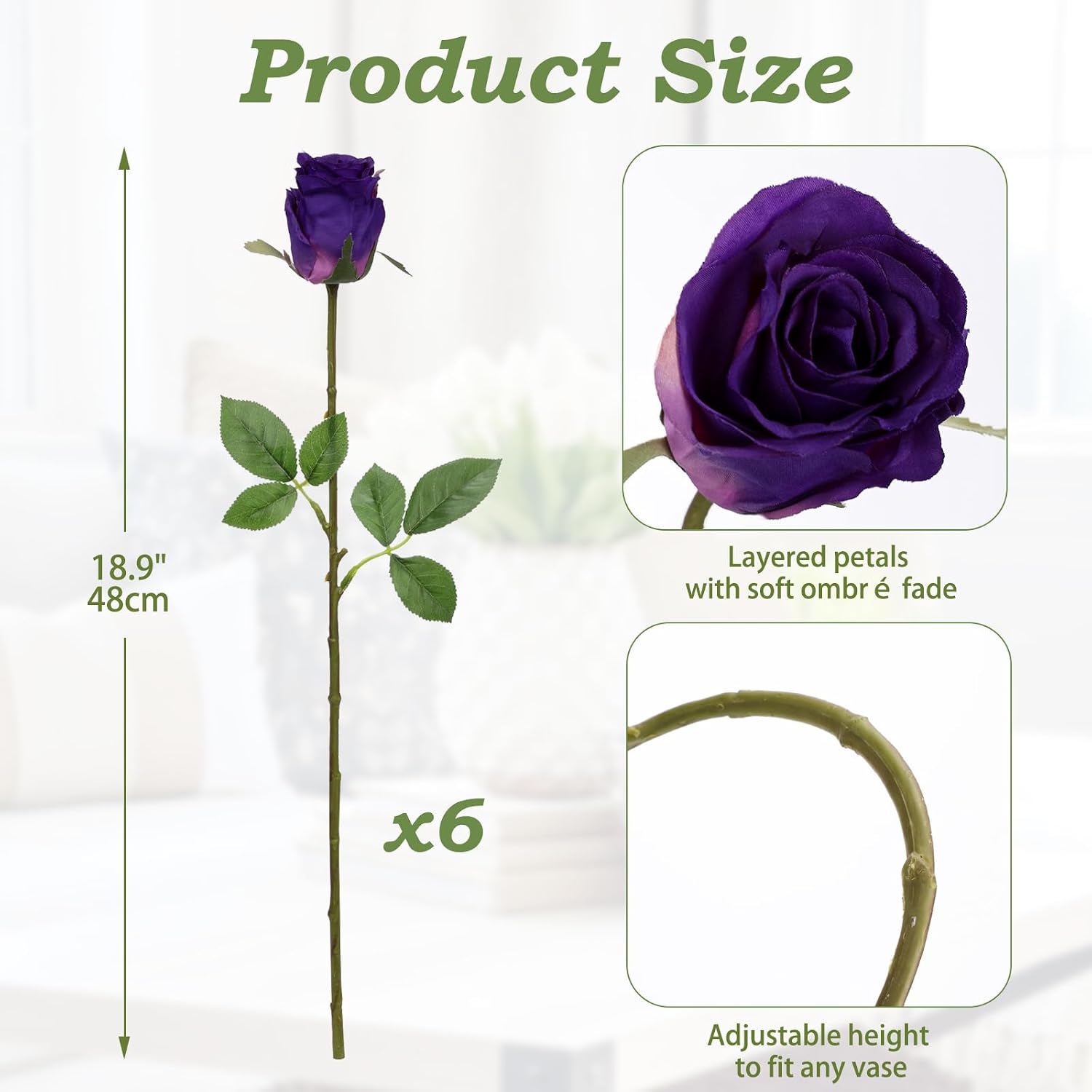 Detalle 2 de Oairse Purple Artificial Roses 6PCS, 18.9" Silk Rose Flowers with Long Stems