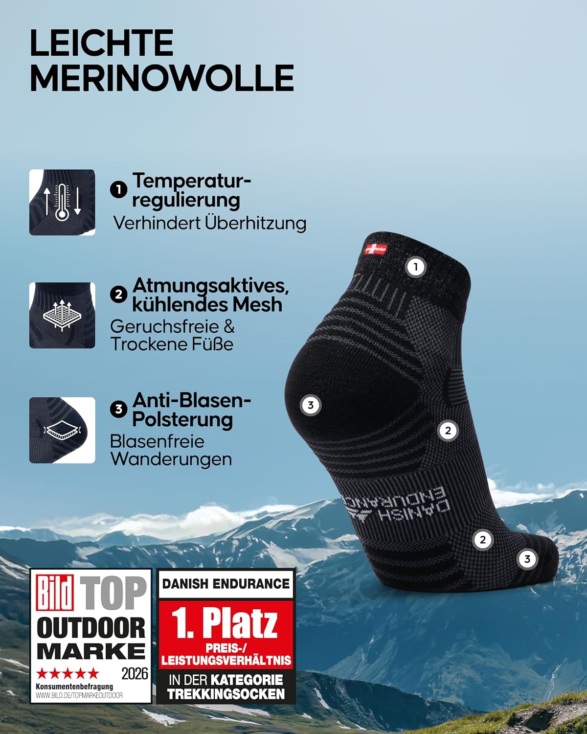 Detalle de DANISH ENDURANCE Kurze Merino Wandersocken mit leichtem Polster (3 Paar) – unisex