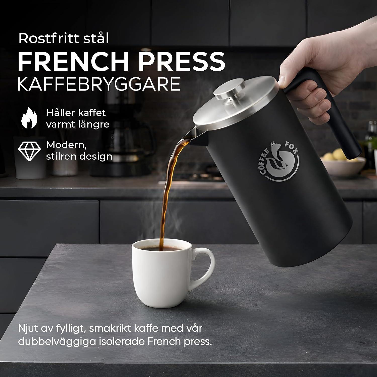 Detalle de Coffee Fox fransk kaffepress i matt svart, dubbelväggigt rostfritt stål