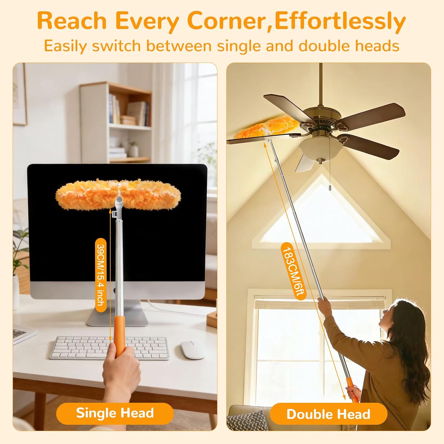 Thumbnail 1 de 6 ft Heavy Duty Extendable Duster with 50 Refills for Swiffer Duster, 360° Dual-Head, Orange