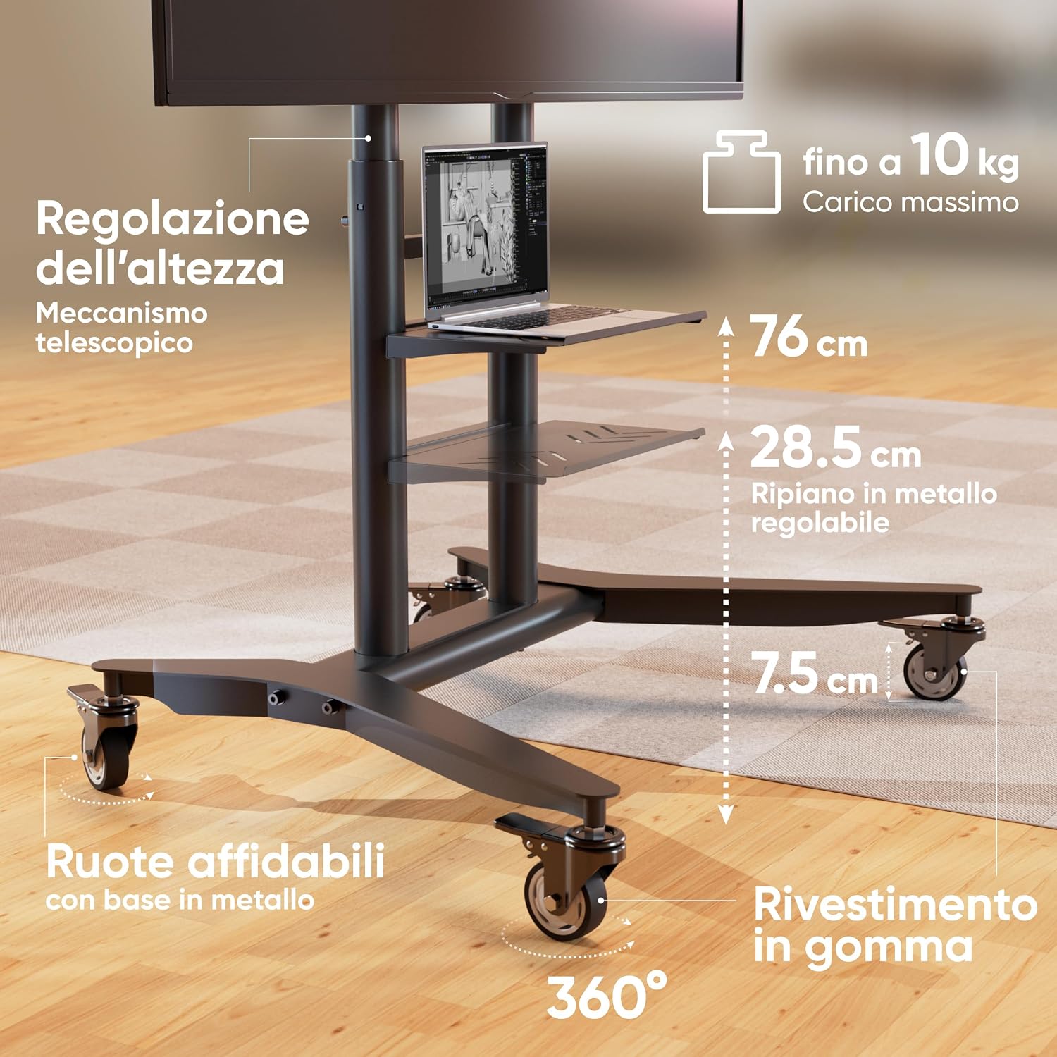 Thumbnail 3 de ONKRON TS1871-B Carrello TV da pavimento con ruote per schermi 55"-90" e VESA 200x200-800x600 (nero)