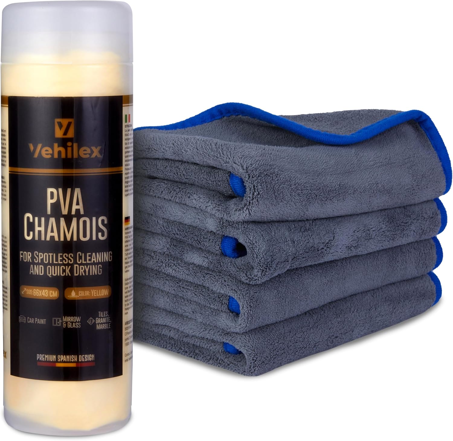 Vehilex Set Panni Microfibra Ultra Assorbenti 4x 40x40 cm + Pelle di Daino 66x43 cm – 600 GSM
