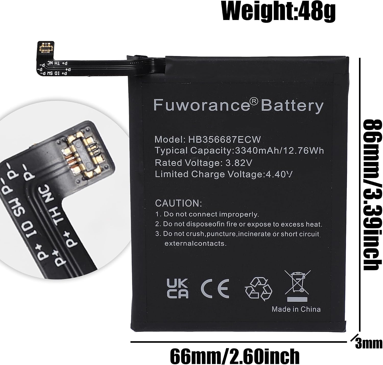 Detalle de Fuworance HB356687ECW Replacement Battery for Huawei/Honor/Nova Series (3340mAh, 3.82V, 12.76Wh)