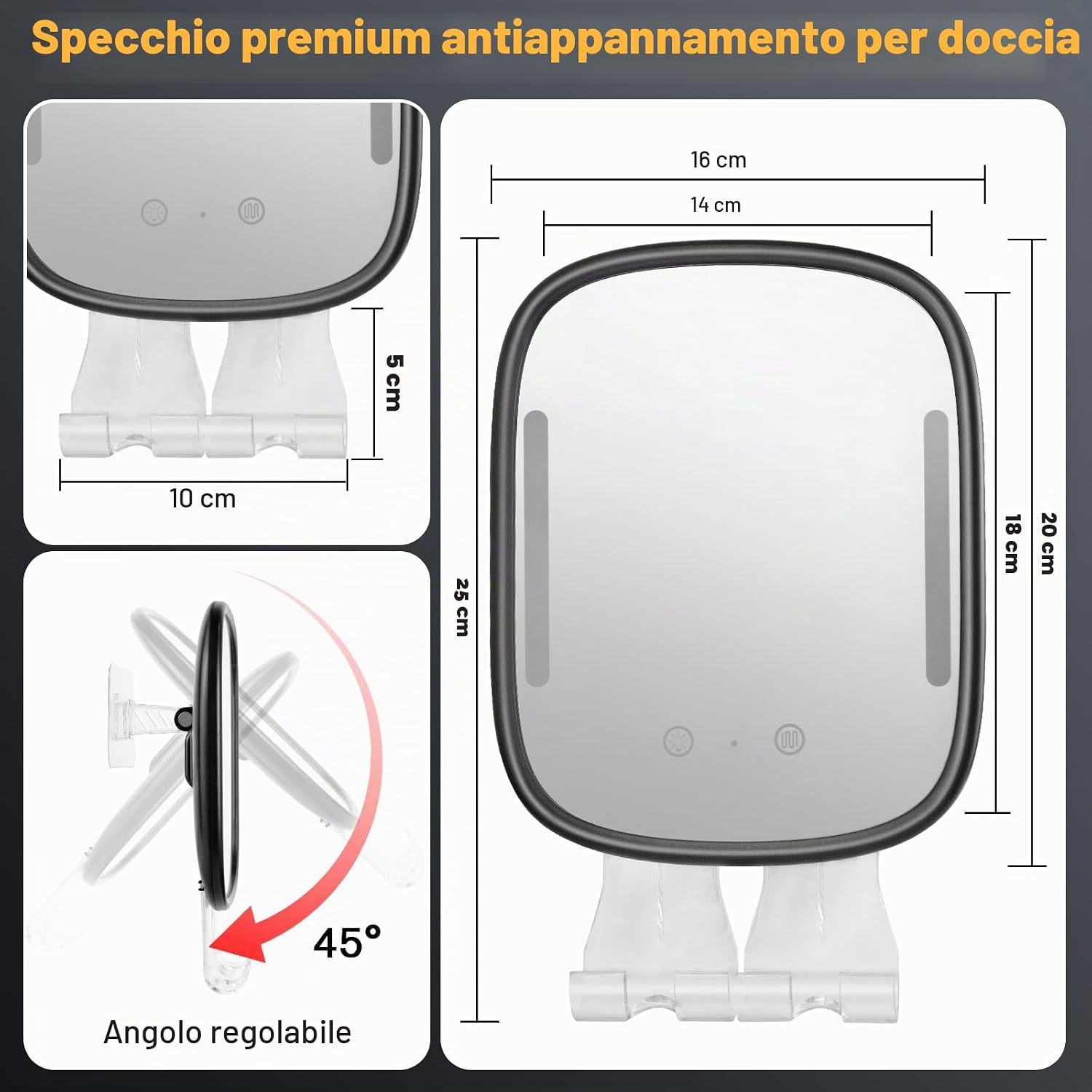 Thumbnail 1 de Specchio da doccia riscaldato anti-appannamento con illuminazione a LED, 2 supporti per rasoi e gancio adesivo removibile