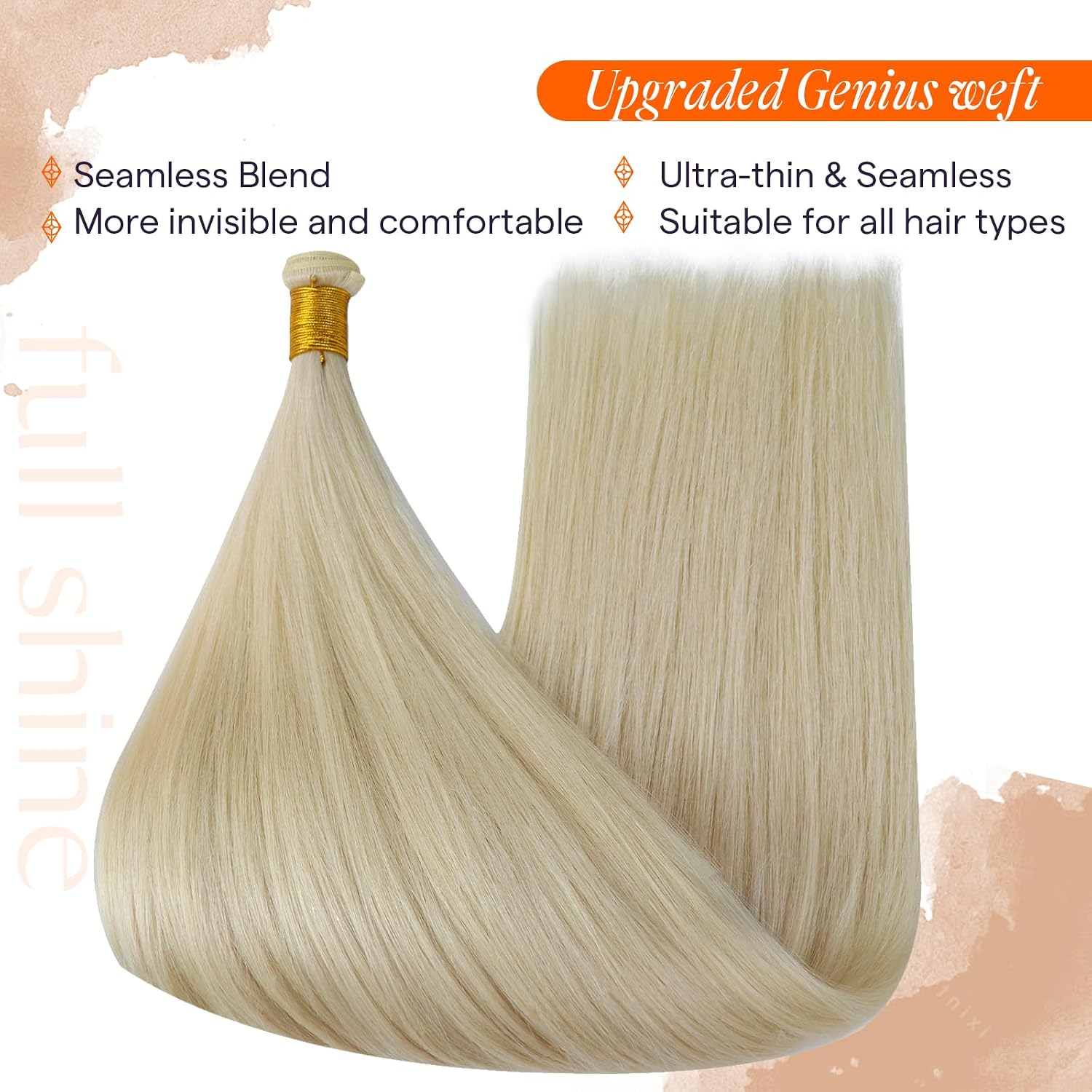 Detalle de Full Shine Genius Weft Remy Straight Hair Extensions (Sew-In Weft) – Platinum Blonde, 22 Inch, 80G
