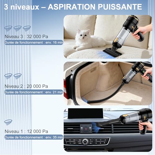 Detalle de Aspirateur Voiture Aurvite 4 en 1 sans fil — Puissance 32 000 Pa, LCD et 3 vitesses