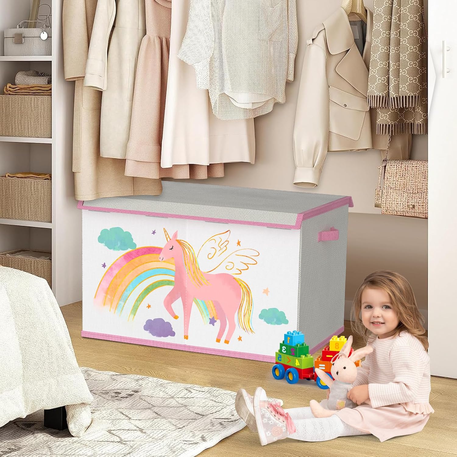 Detalle de VERONLY Toy Storage Box with Lids for Girls and Boys – Large, Foldable Fabric Chest in Beige & Pink
