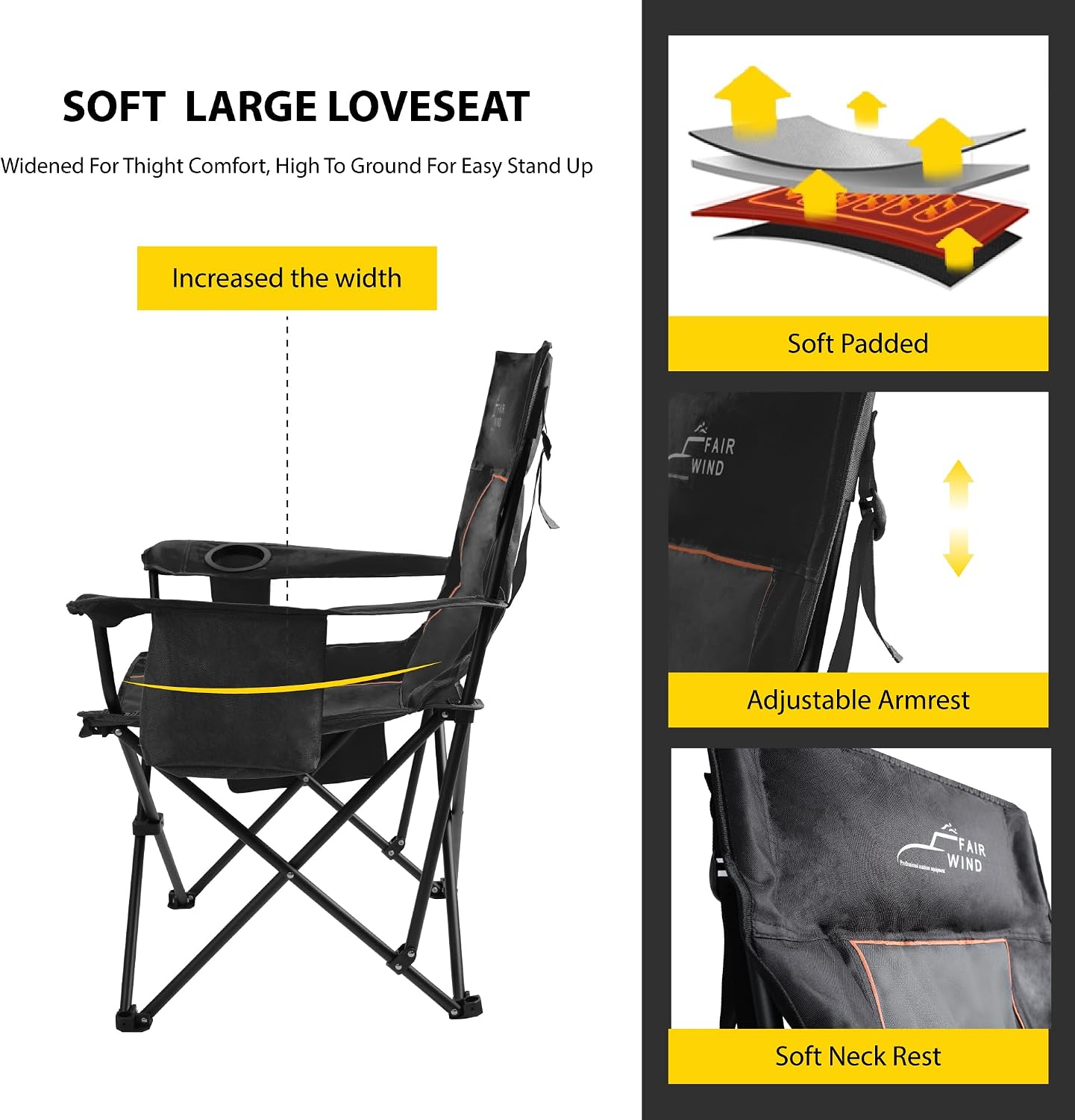Thumbnail 4 de FAIR WIND Oversized Padded Camping Chair with Footrest Stool Set – Heavy Duty, 300 LBS, Cooler Bag (Black/Gray)