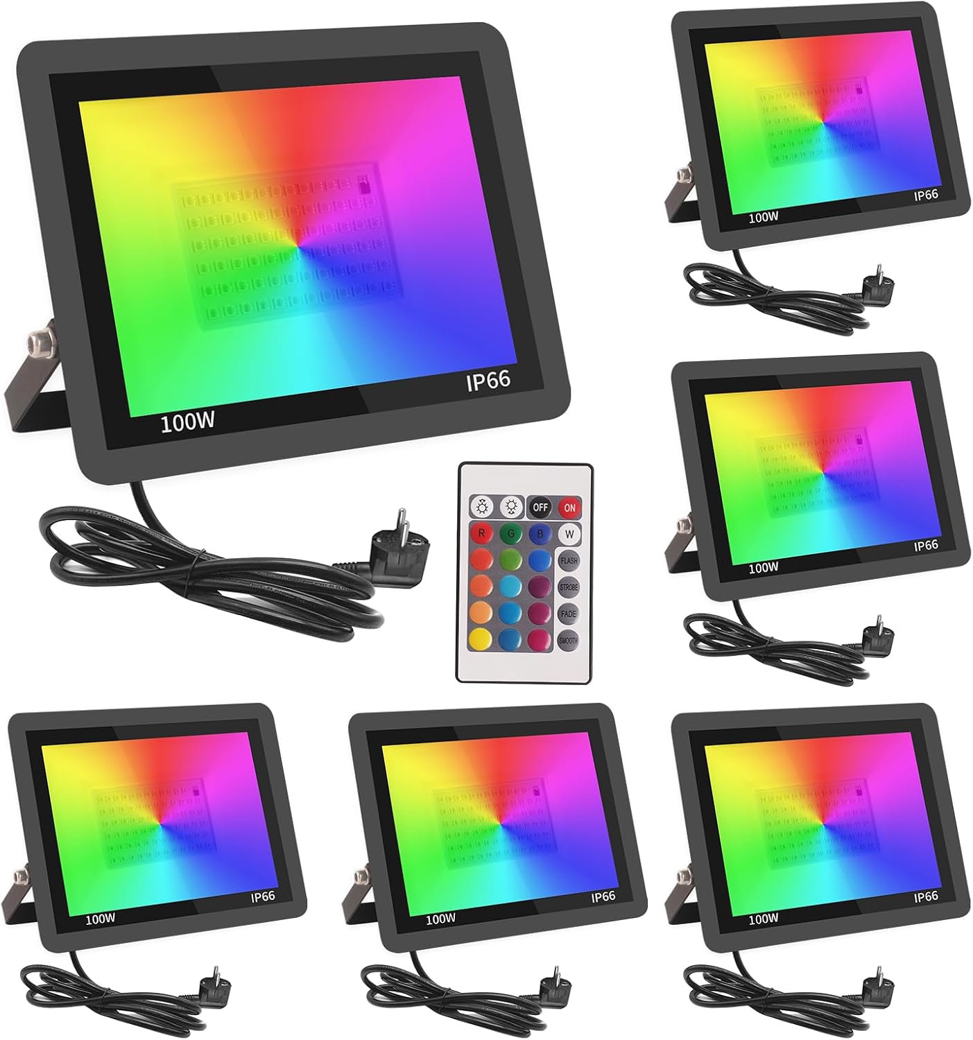 Detalle de Fosingut Eclairage de Sécurité LED RGB-strålkastare, 100 W, 6-pack med fjärrkontroll
