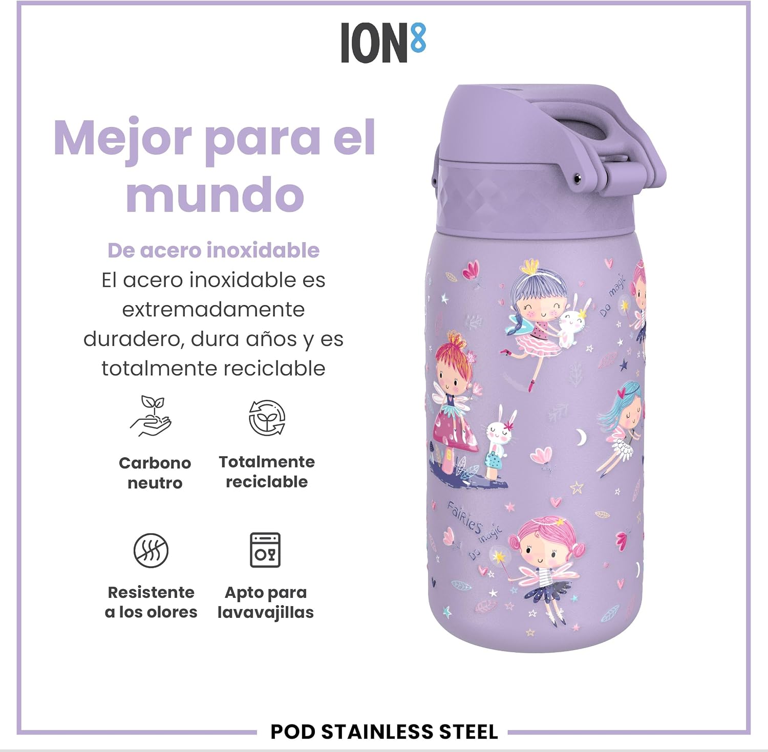 Detalle 2 de ion8 Botella de Agua Inox para Niños 400ml 🧚♀️ Sin Aislamiento