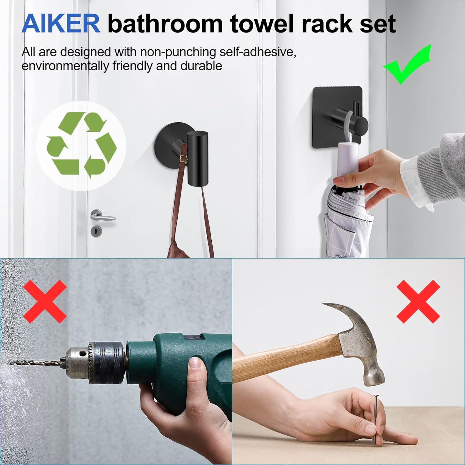 Thumbnail 4 de AIKER Porta Asciugamani Bagno – Set 8 pezzi in acciaio inossidabile 304 con adesivo, installazione senza fori