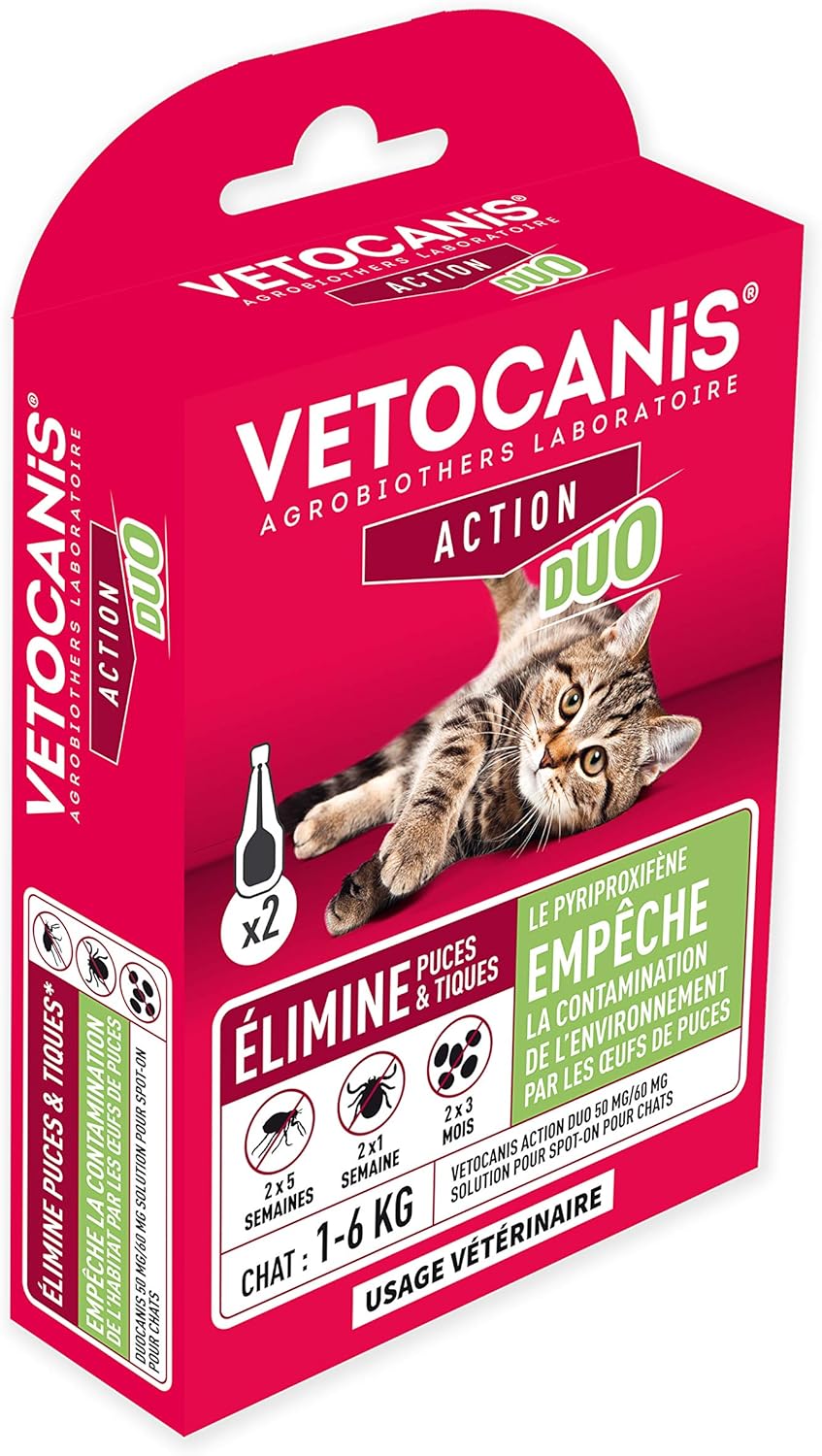 Detalle 1 de Vetocanis Action Duo pipette anti-puces anti-tiques pour chat (1 à 6 kg), boîte de 2 pipettes