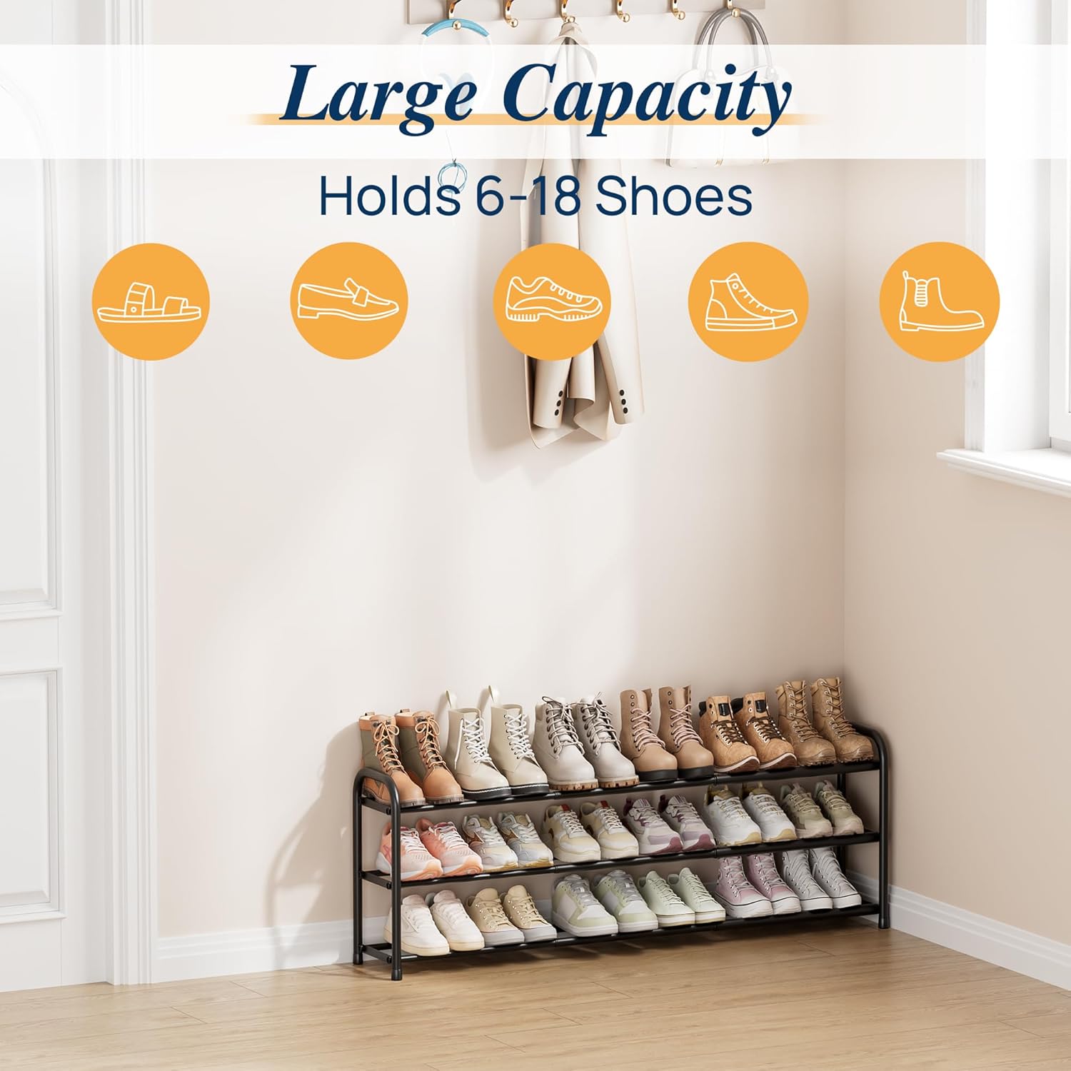 Detalle de ENJOYBASICS Expandable 3-Level Metal Shoe Rack (45–118 cm) in Black
