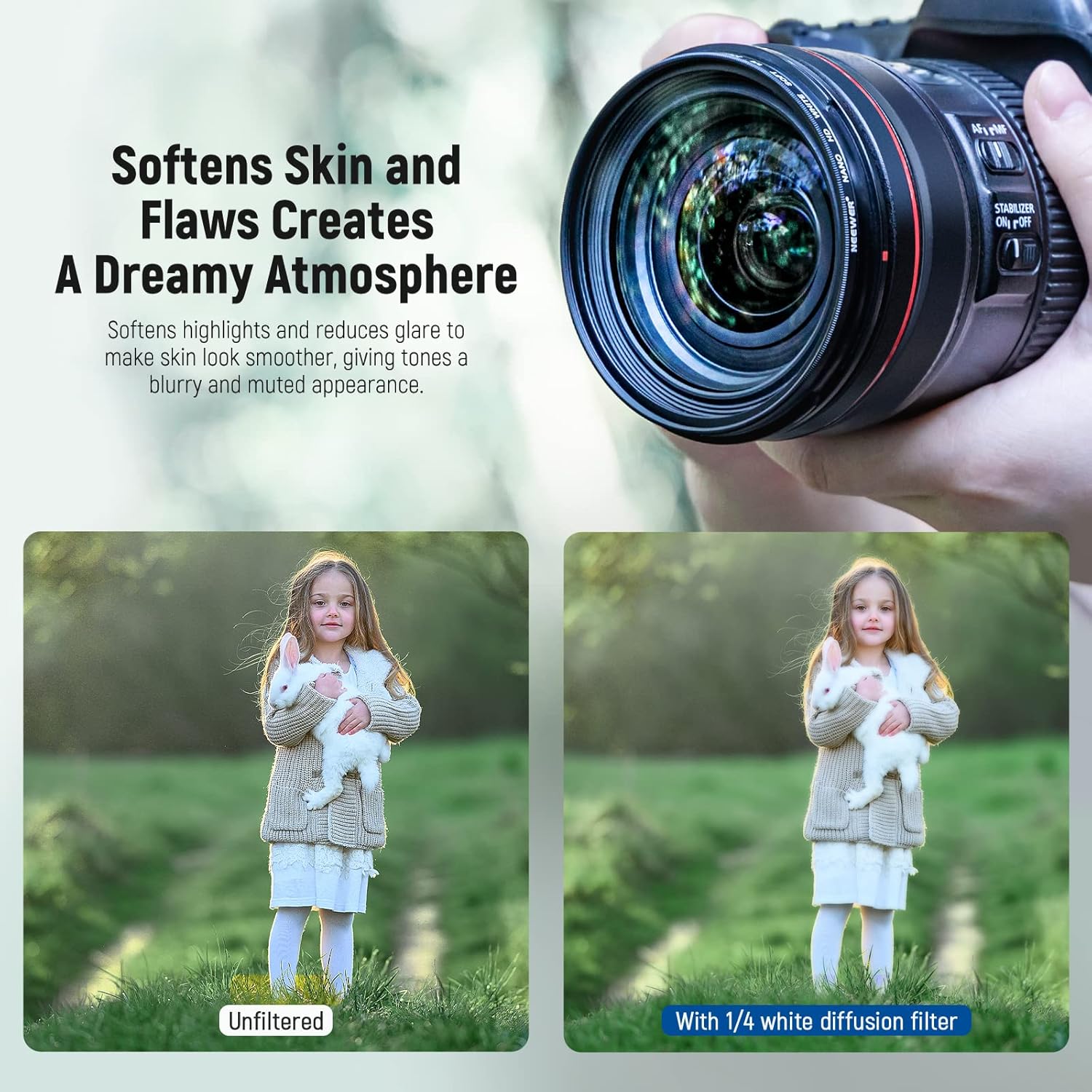 Thumbnail 2 de Neewer 55mm Soft White 1/4 Diffusion Mist Dreamy Filter for Video, Vlog & Portraits (Ultra Slim Nano-Coated)