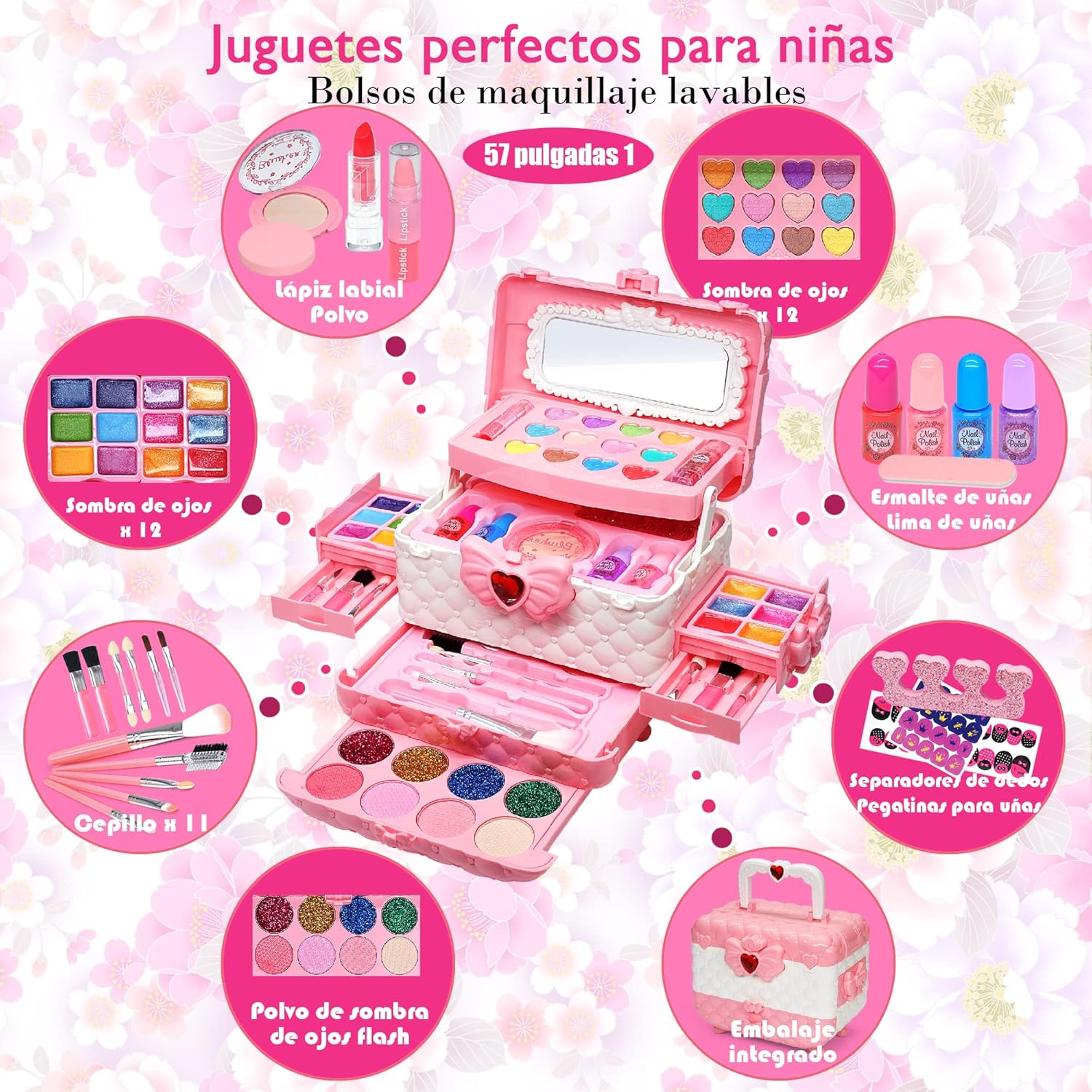 Detalle de Mrabbitoo Kinderschminke Set Mädchen Schminkkoffer – Waschbares Make-up-Set mit 57 Teilen, rosa/weiß, für Kinder von 3–12 Jahren