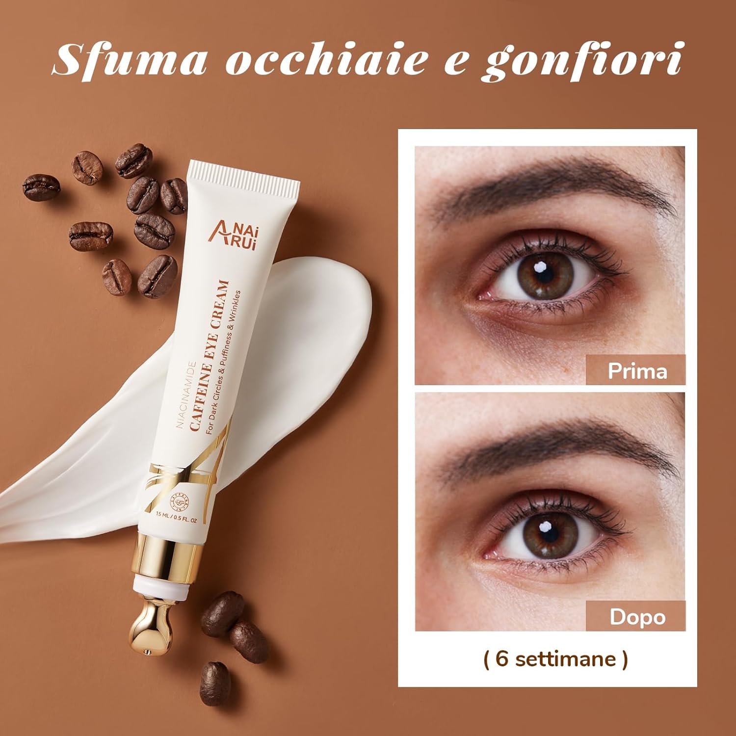 Detalle de ANAiRUi Crema per gli occhi alla caffeina con rullo a punta metallica e niacinamide