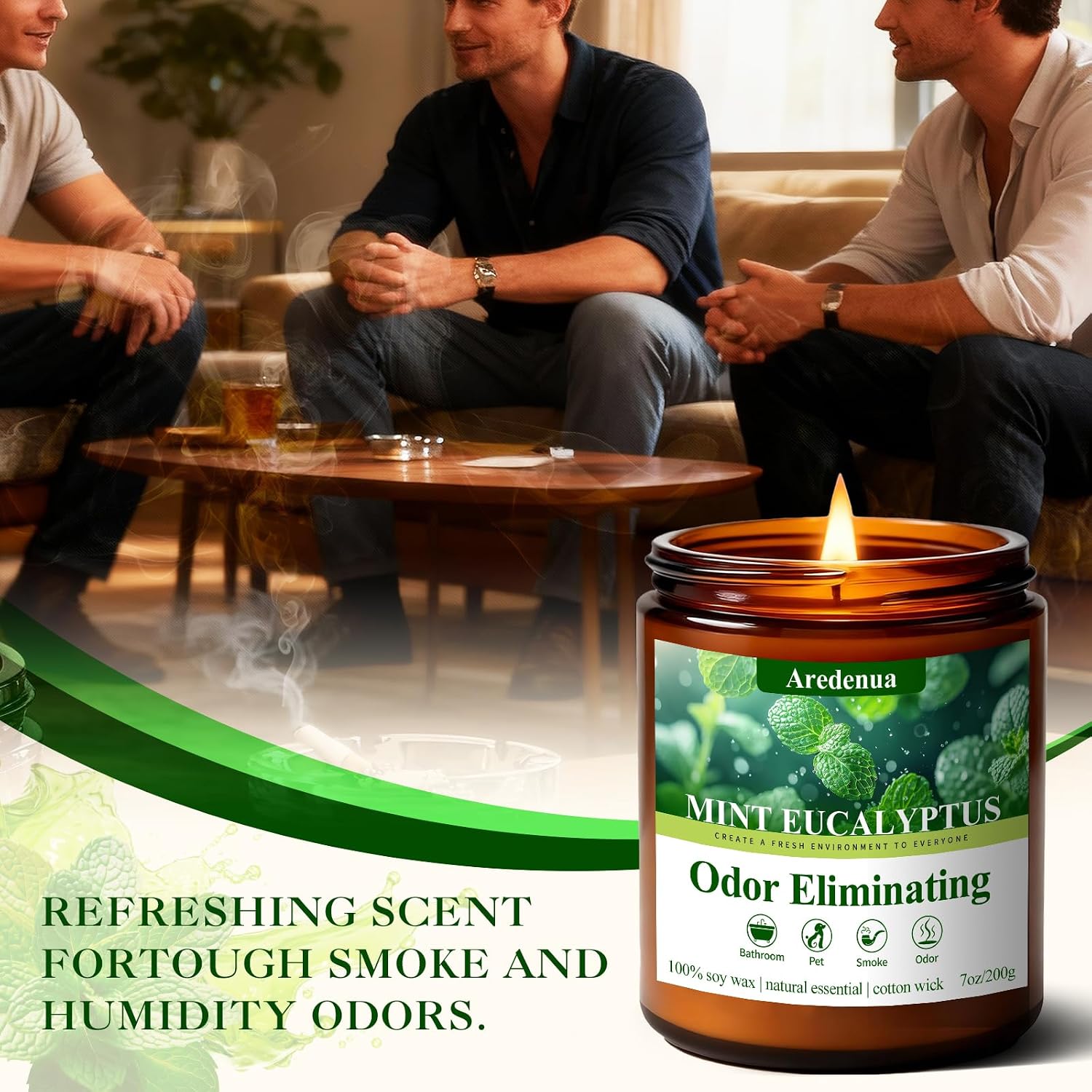 Detalle de Aredenua Odor-03 Mint Eucalyptus Scented Soy Candle, 7 oz