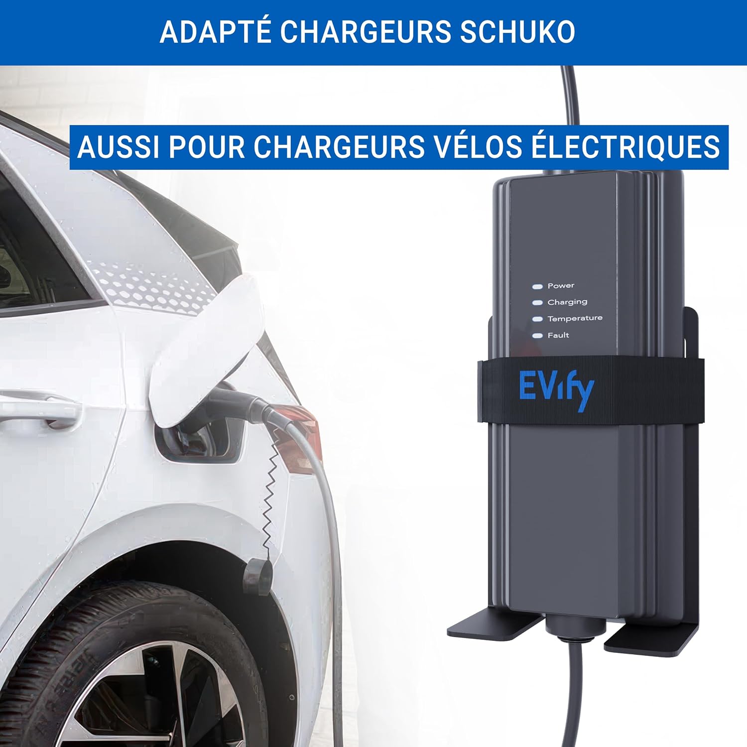 Detalle de Support mural EVify Type 2 pour chargeur Schuko (accommodement câble en acier inoxydable) – compatible Juice Booster & NRGkick
