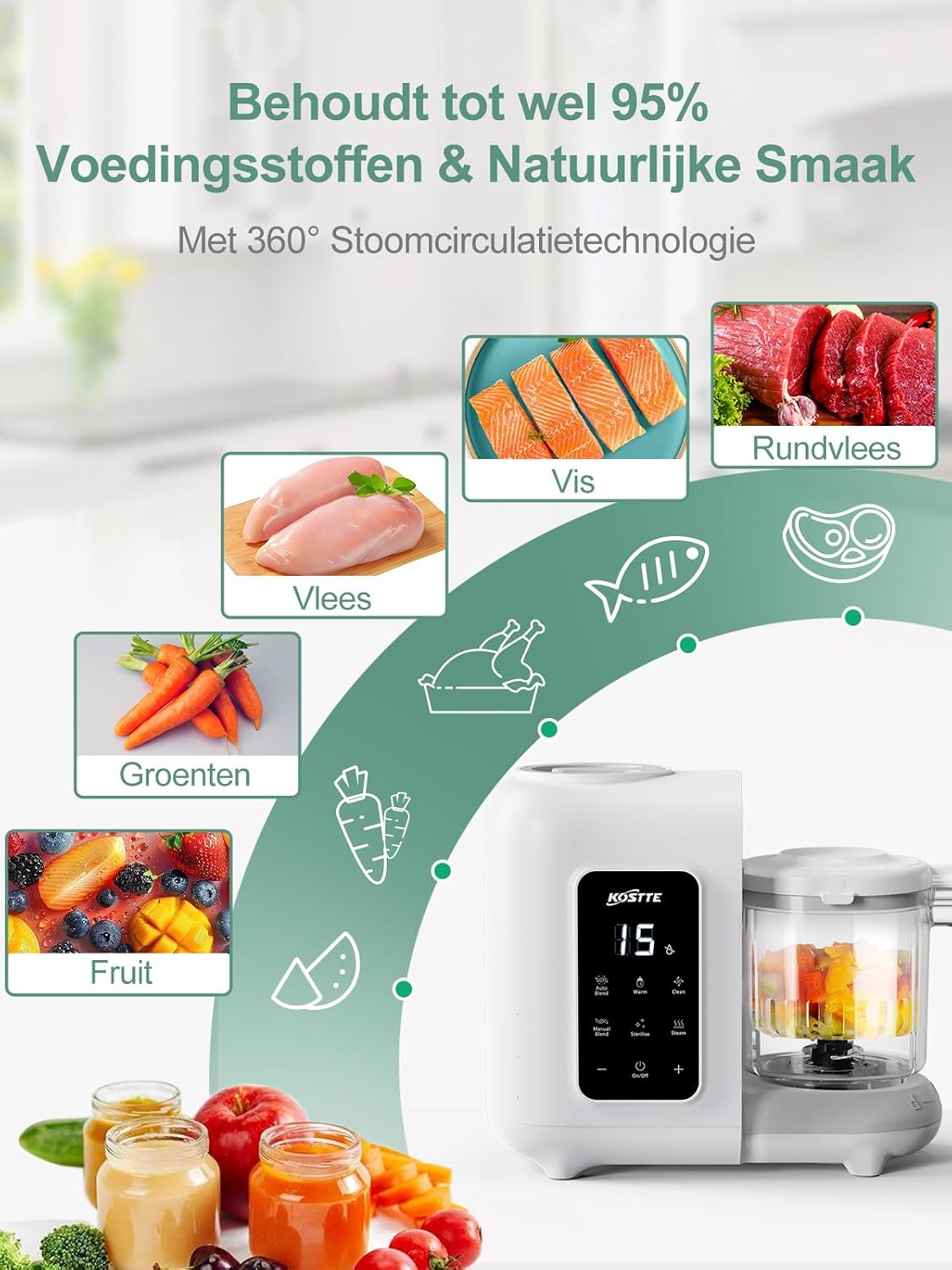 Detalle de KOSTTE 1501 babyvoedingmaker 6-in-1 met stomen, mixen, verwarmen en ontdooien
