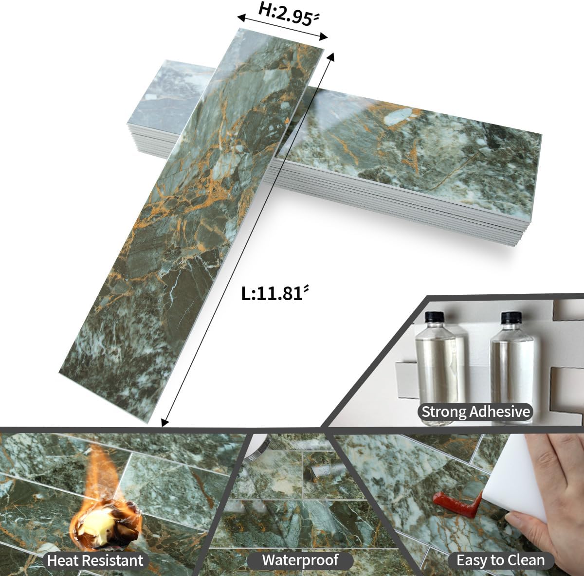 Detalle 2 de AULIGET Green Marble & Gold PVC Peel-and-Stick Backsplash Tiles, 40-Piece