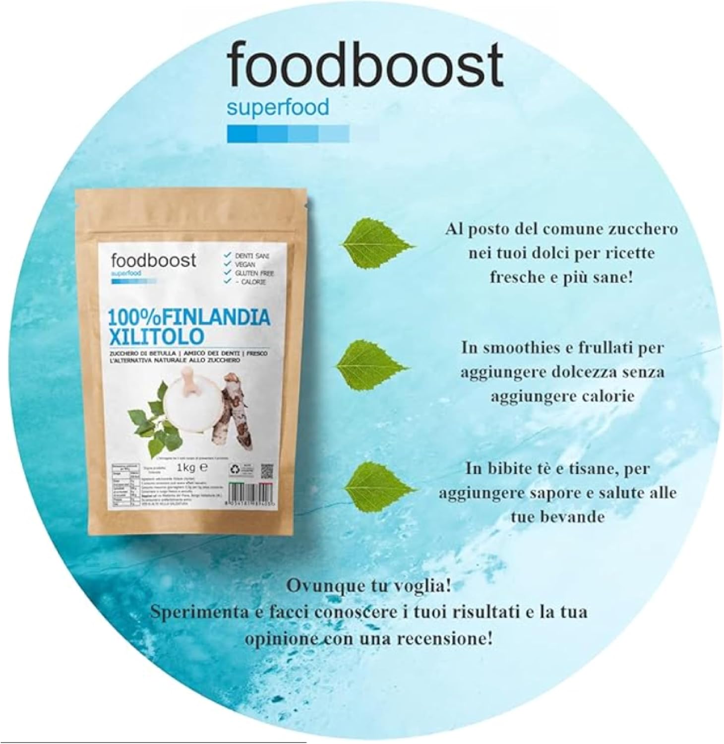 Detalle 2 de Xilitolo Finlandese 1Kg Foodboost – dolcificante 100% naturale di betulla, ideale per diete ipocaloriche