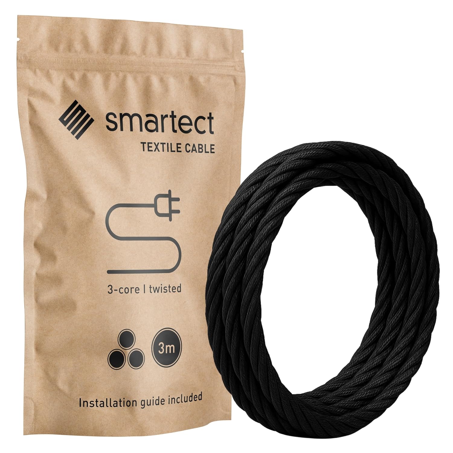 Detalle de Smartect Cavo Elettrico Tessile Intrecciato Nero tripolare 3 x 0,75 mm², 3 metri