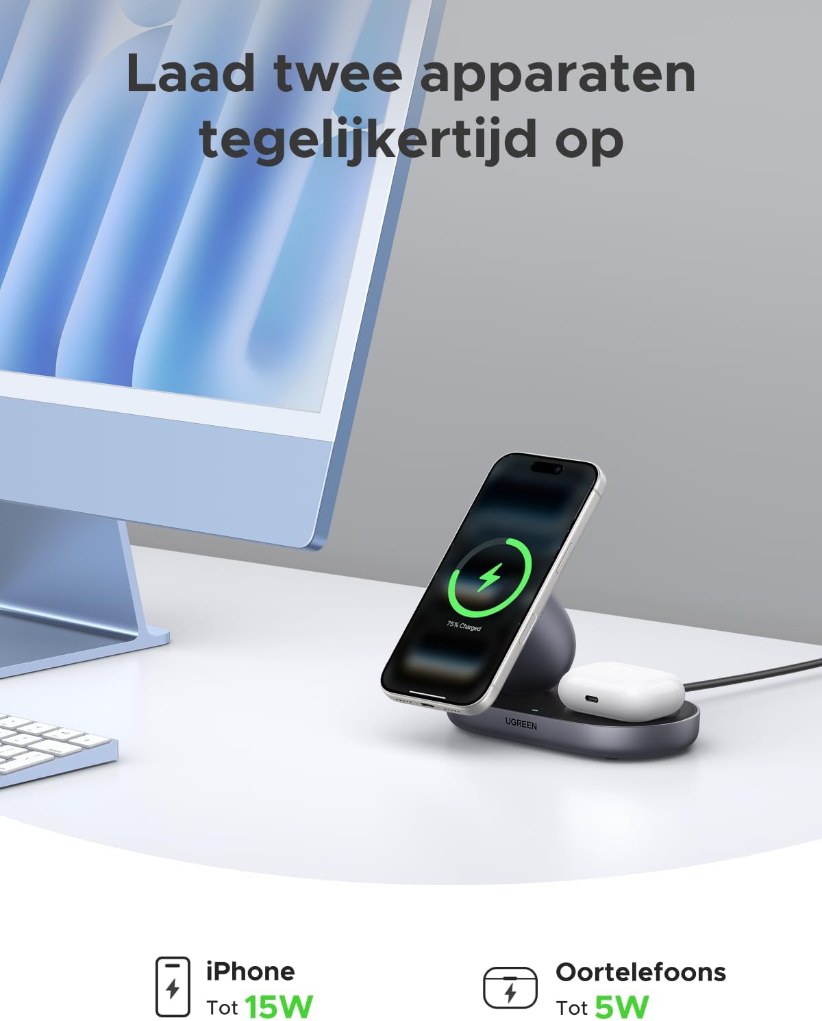 Detalle de UGREEN Zapix 2-in-1 15W Qi2-oplaadstation met vaste kijkhoek