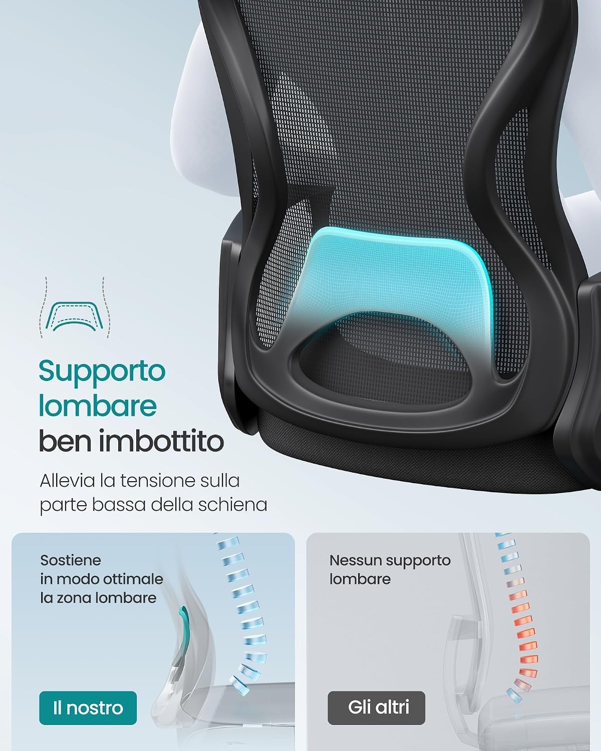 Thumbnail 4 de SONGMICS Sedia Ufficio Ergonomica OBN043BH02 in rete con supporto lombare e funzione oscillante