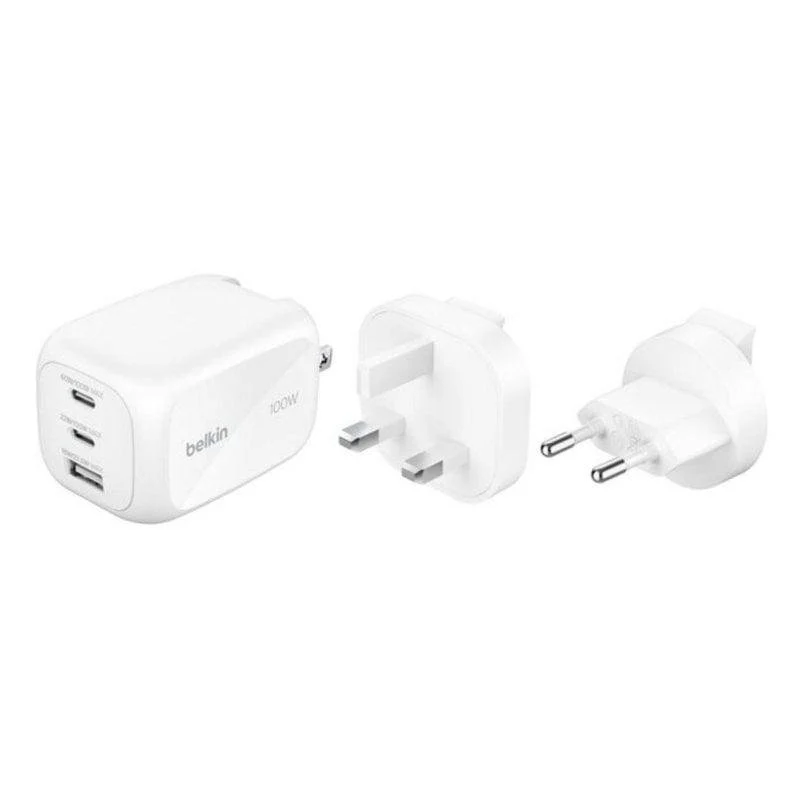 Detalle de Belkin WCH016hqWH 100W: cargador GaN 2× USB-C + 1× USB-A, compacto y versátil