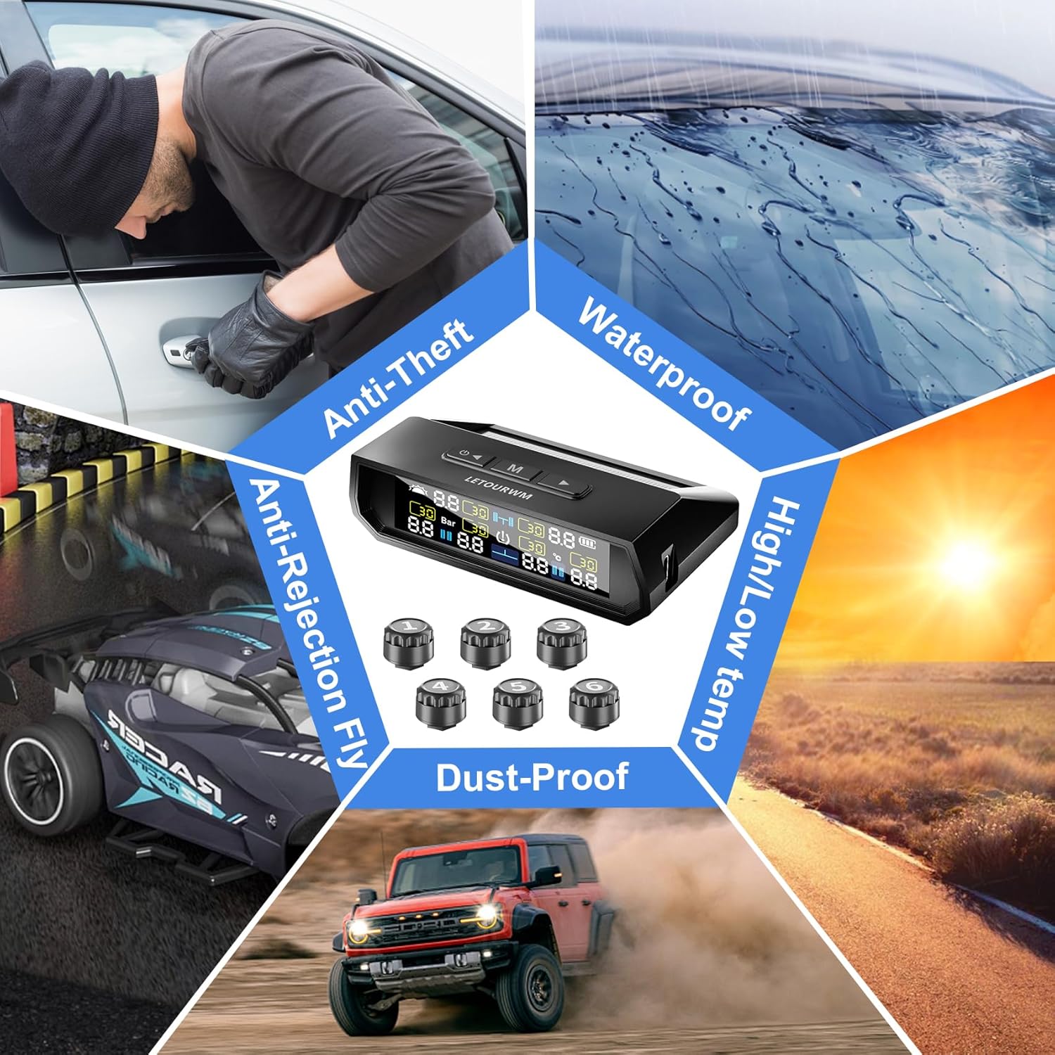 Detalle de LET0URWM RV Tire Pressure Monitoring System (TPMS) 2025 Upgrade with 6 Sensors, Solar + USB-C, LCD Display, 0-9.9 BAR / 144 PSI