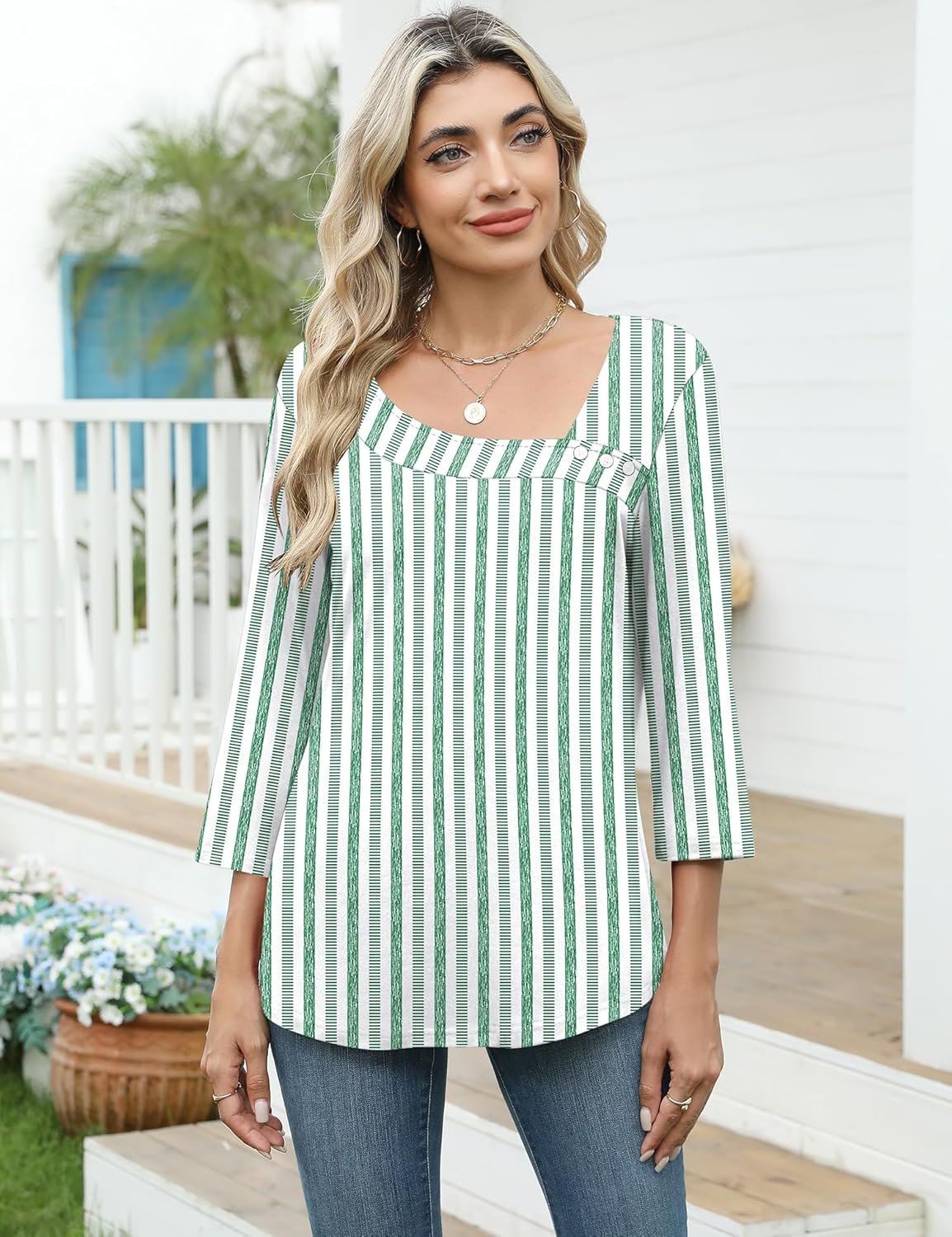 Detalle de Kistore Bluse Damen 3/4 Arm Asymmetrischer Ausschnitt – Tunika & Top in 3 Designs