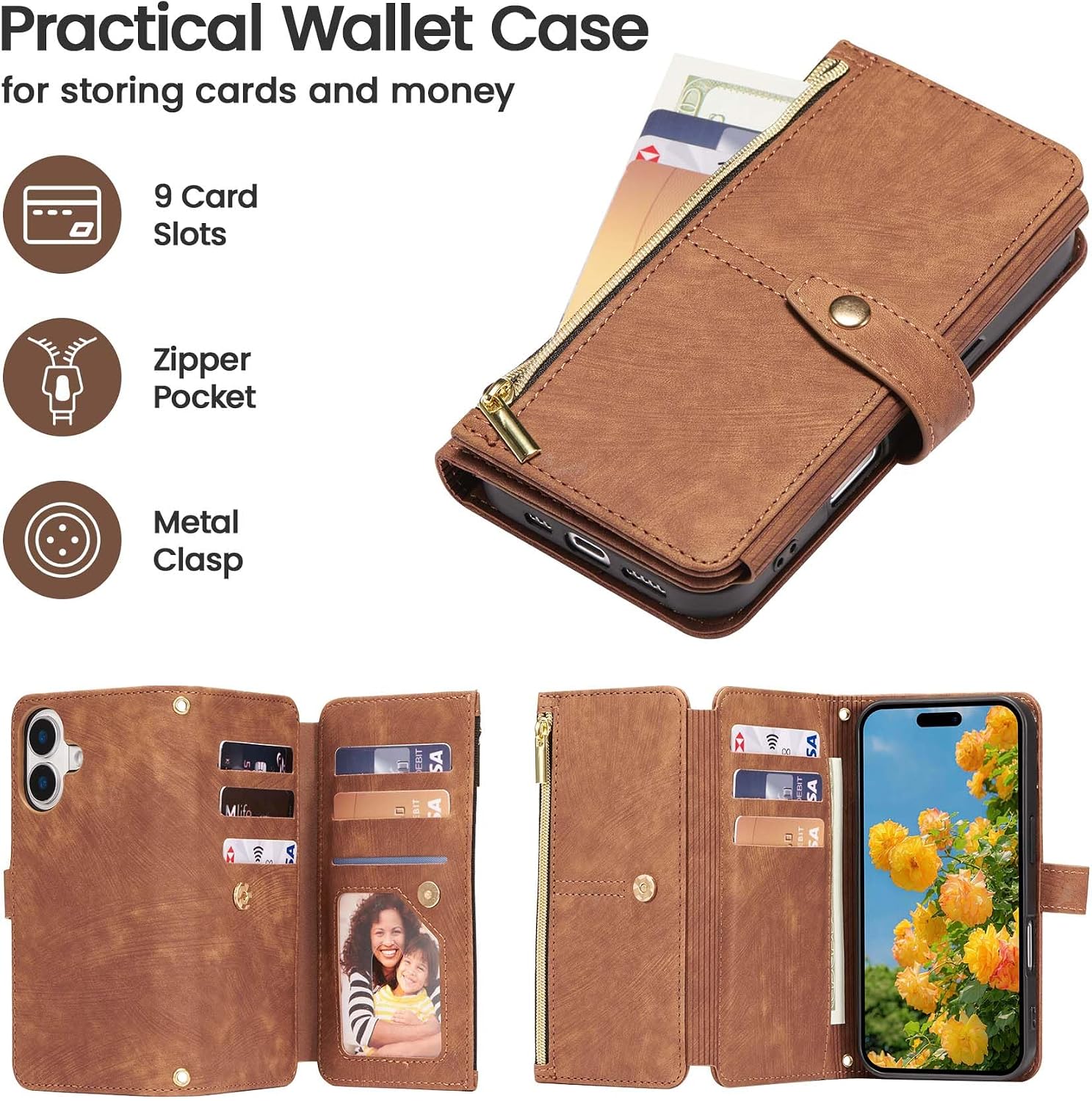 Detalle de ZCDAYE Wallet Phone Case for iPhone 17 (6.3”) with Lanyard – Brown