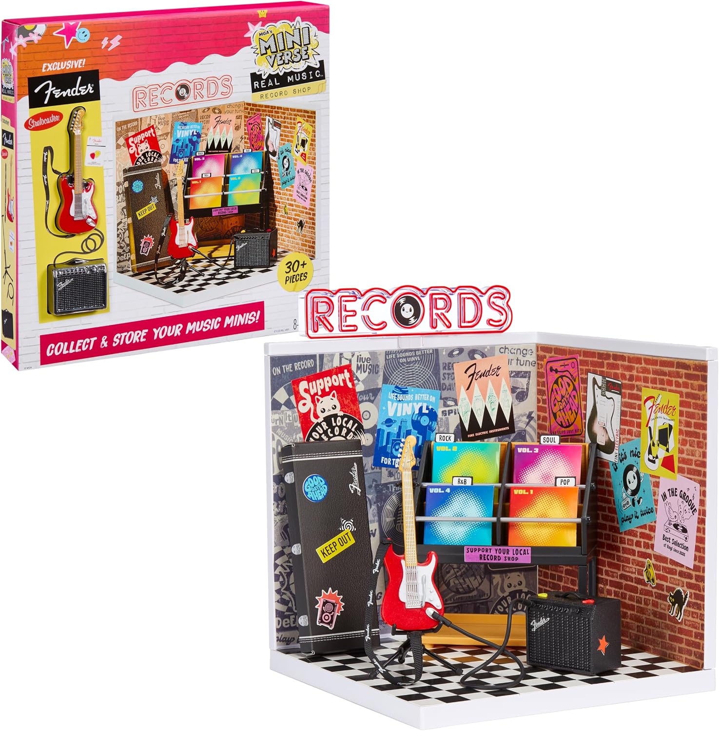 Detalle de MGA's Miniverse Real Music Record Shop Set with Fender Guitar and 30+ Pieces