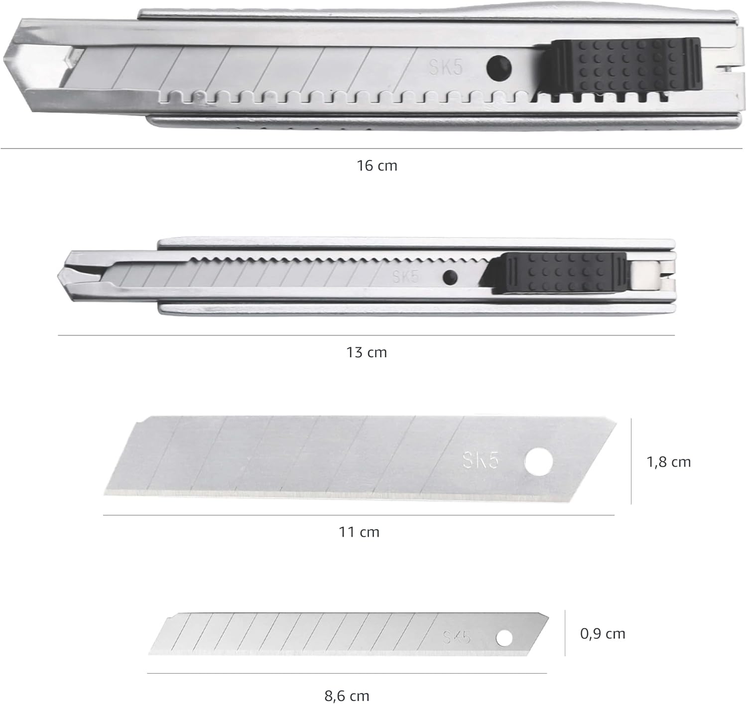 Detalle de Amazon Basics Taglierino multiuso autobloccante con corpo in lega di zinco – confezione 2 pezzi + 20 lame SK5 (18 mm e 9 mm) – Argento