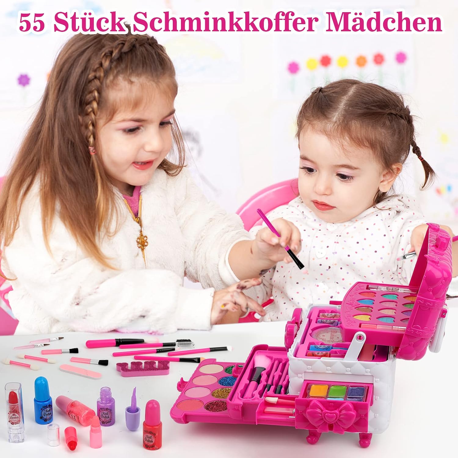 Detalle de Kinderschminke Makeup Set Schminkkoffer für Mädchen – waschbar, abwaschbar & mit 55 Zubehörteilen