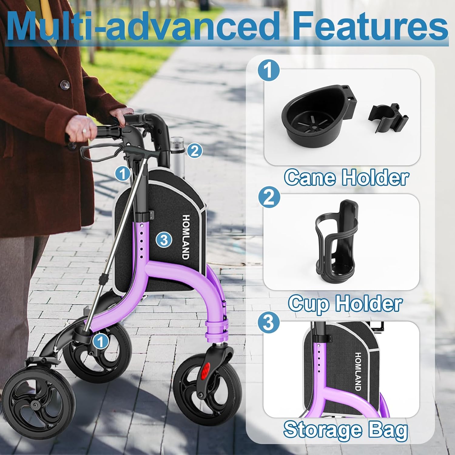 Detalle de HOMLAND 3 Wheel Walkers for Seniors: Foldable Rollator with Cane & Cup Holders