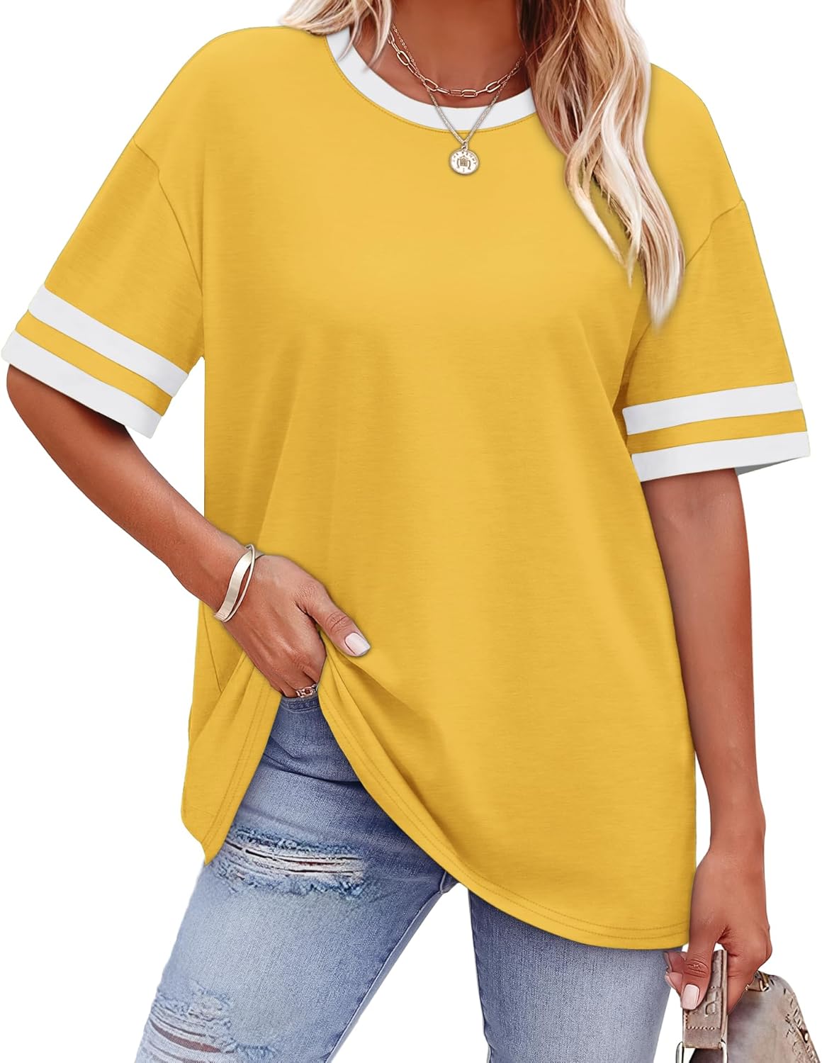 Thumbnail 5 de WIHOLL Women’s Loose Fit Color Block Crew Neck T-Shirts (Short Sleeve)