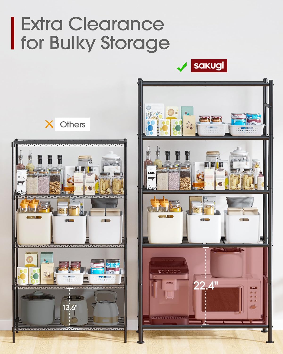 Detalle de Sakugi Storage Shelves 5-Tier Metal Shelving Unit with Leveling Feet (Black) – 72" H, Garage/Closet/Pantry Organizer