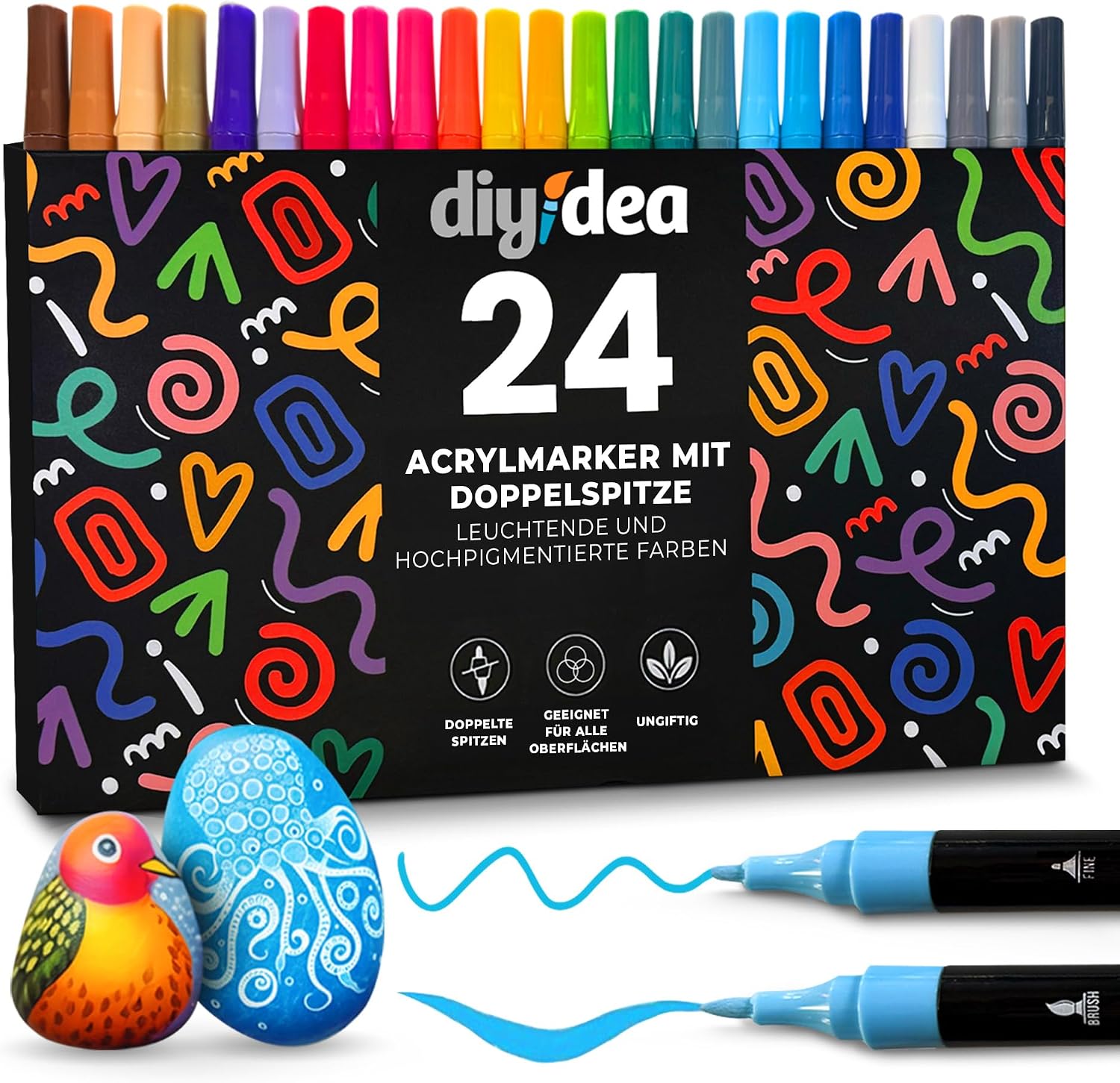 Detalle de DIYIDEA Acrylstifte 24 Farben mit Doppelspitze – wasserbasiert, schnell trocknend für Steine, Holz, Glas, Keramik & mehr