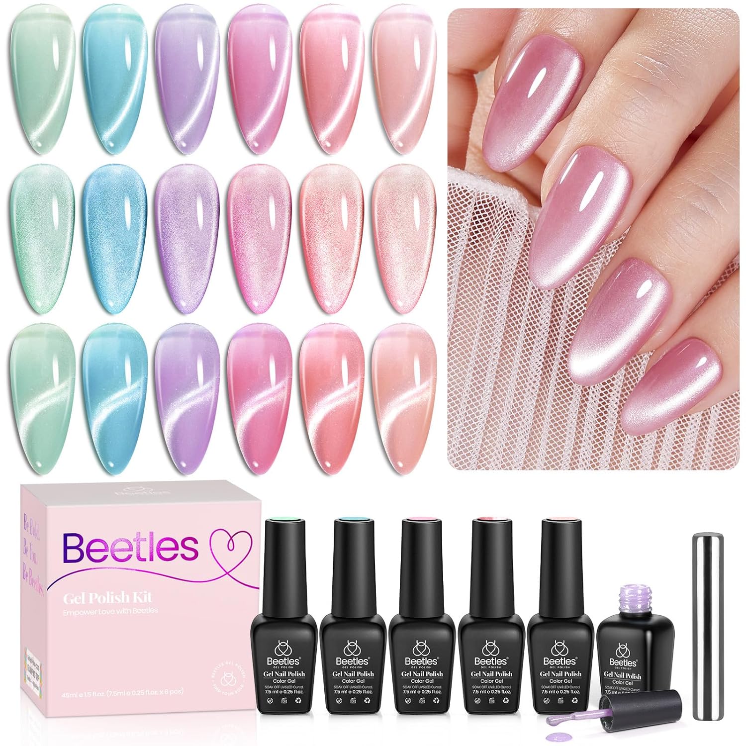 Detalle de Beetles Cat Eye Gel-Nagellack-Set – 6 Farben mit Magnet, Samt-Effekt, 7,5 ml pro Flasche