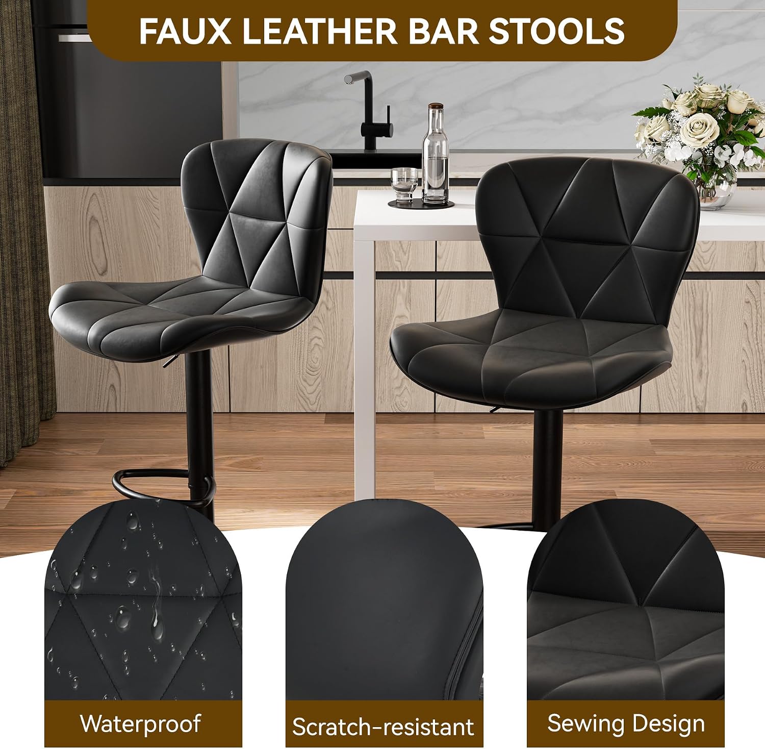 Detalle 2 de Nalupatio Modern Bar Stools Set of 2, Adjustable Faux Leather Swivel, Black