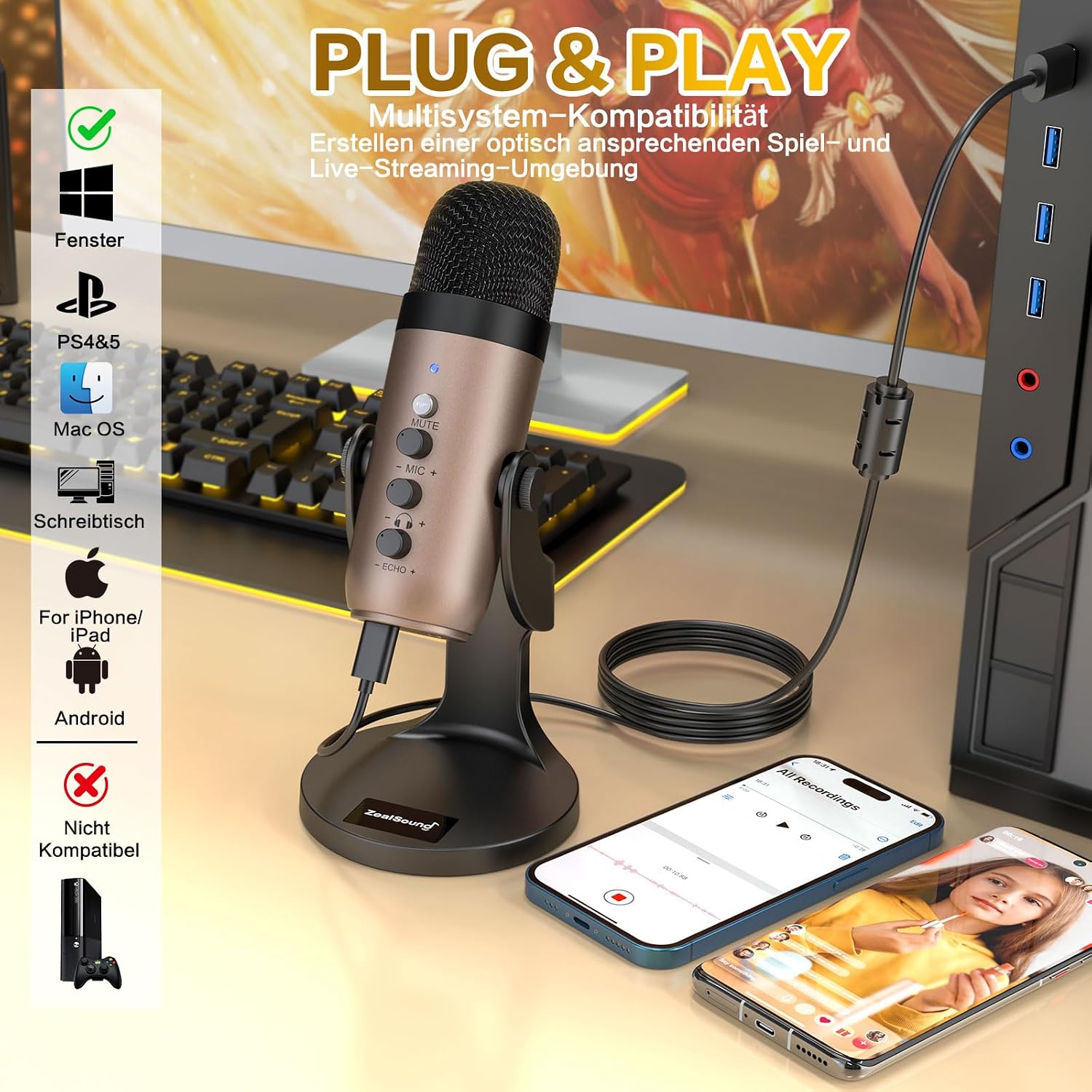 Detalle de ZealSound K66 USB Kondensator-Mikrofon – Gold, Plug & Play für PC, Laptop, Handy