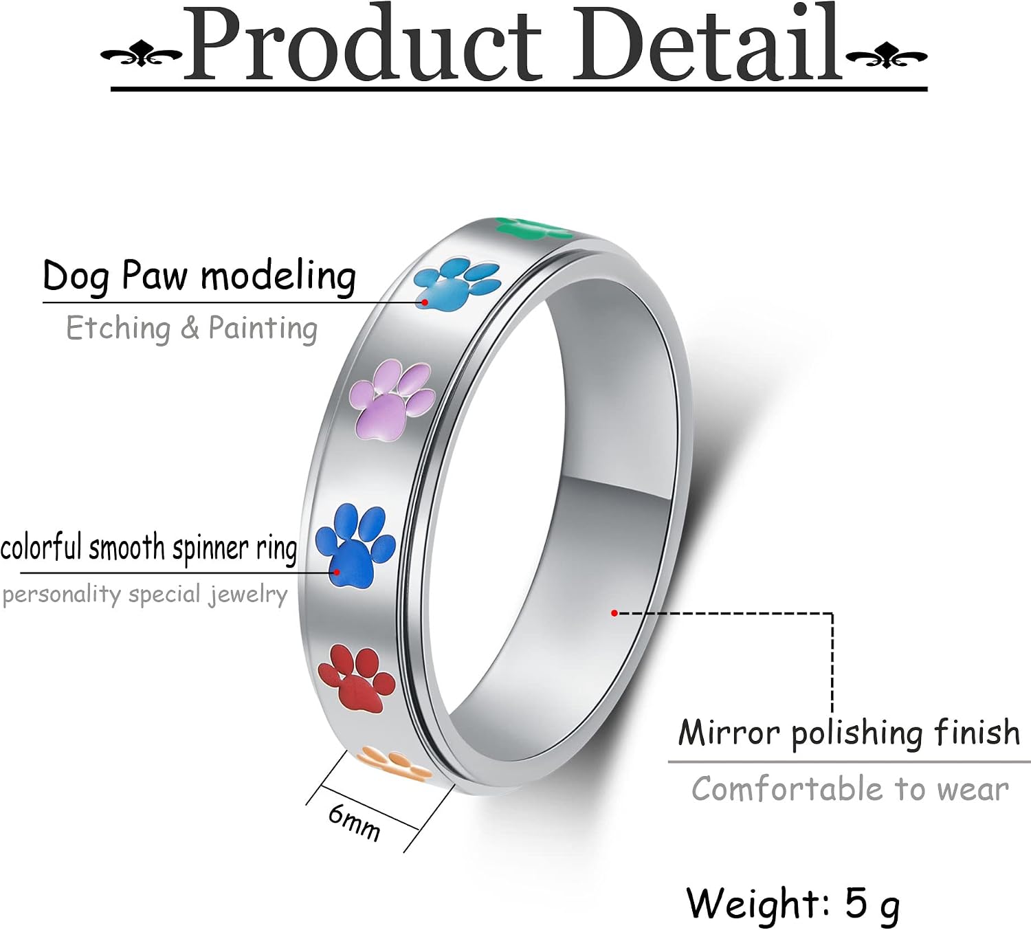 Detalle 2 de LuckyAmor Anxiety Ring for Women Spinner Ring 6mm Moon Star