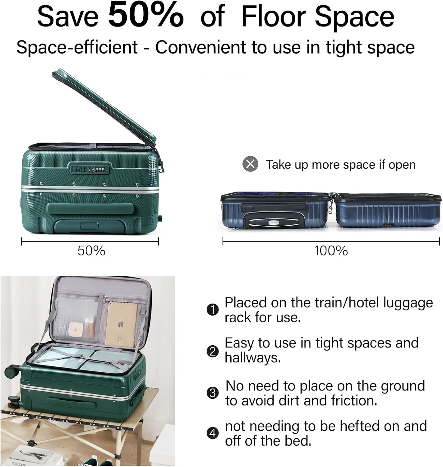 Thumbnail 2 de Hanke Front Opening 20-Inch Cabin Luggage: Blackish Green Hard Shell with 4 Dual Spinner Wheels