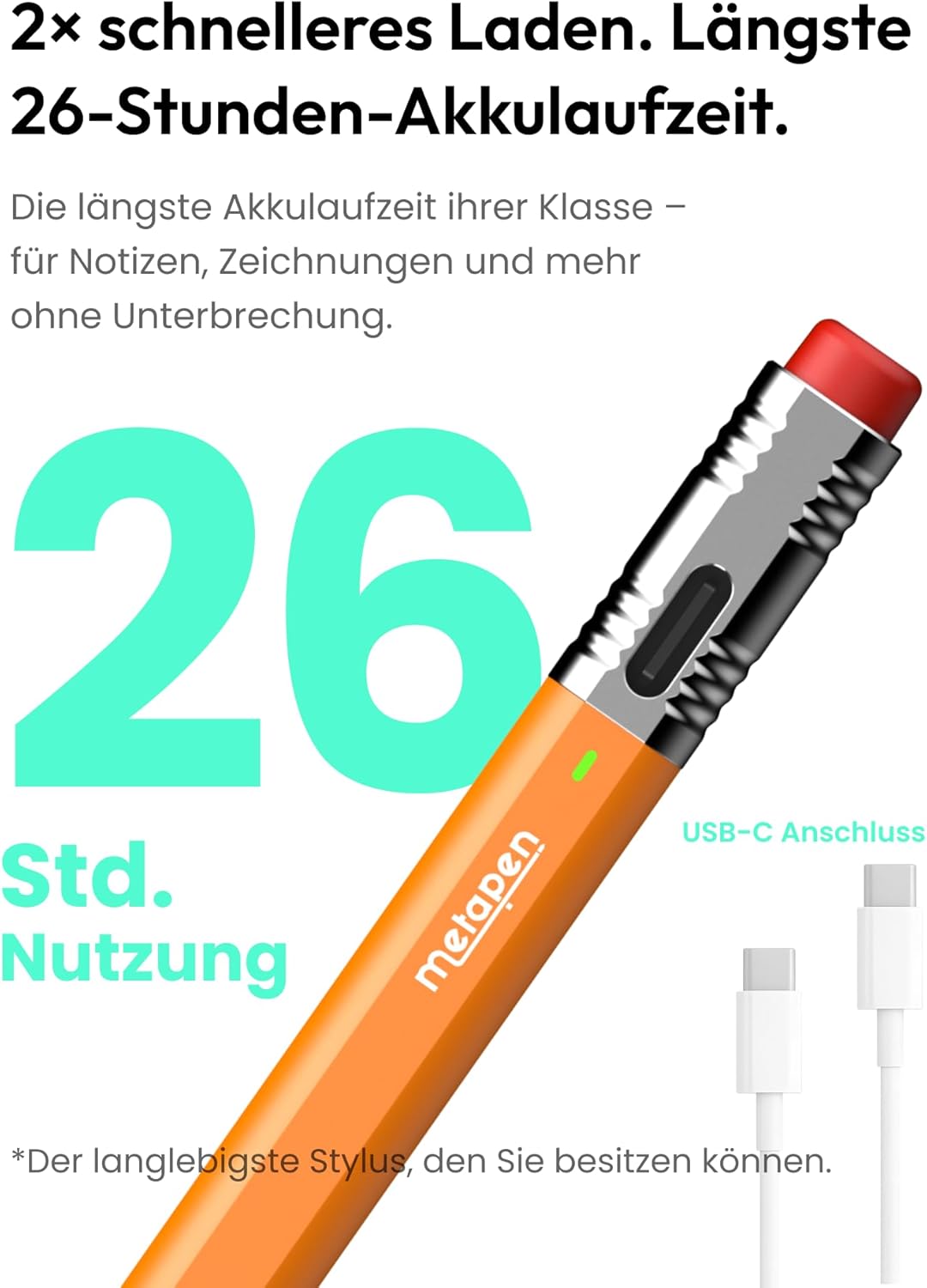 Detalle de Metapen Air8 Pro X Stift für iPad (2018–2026) – 26h Akkulaufzeit, Air-Flex Soft-Tip, leise & präzise